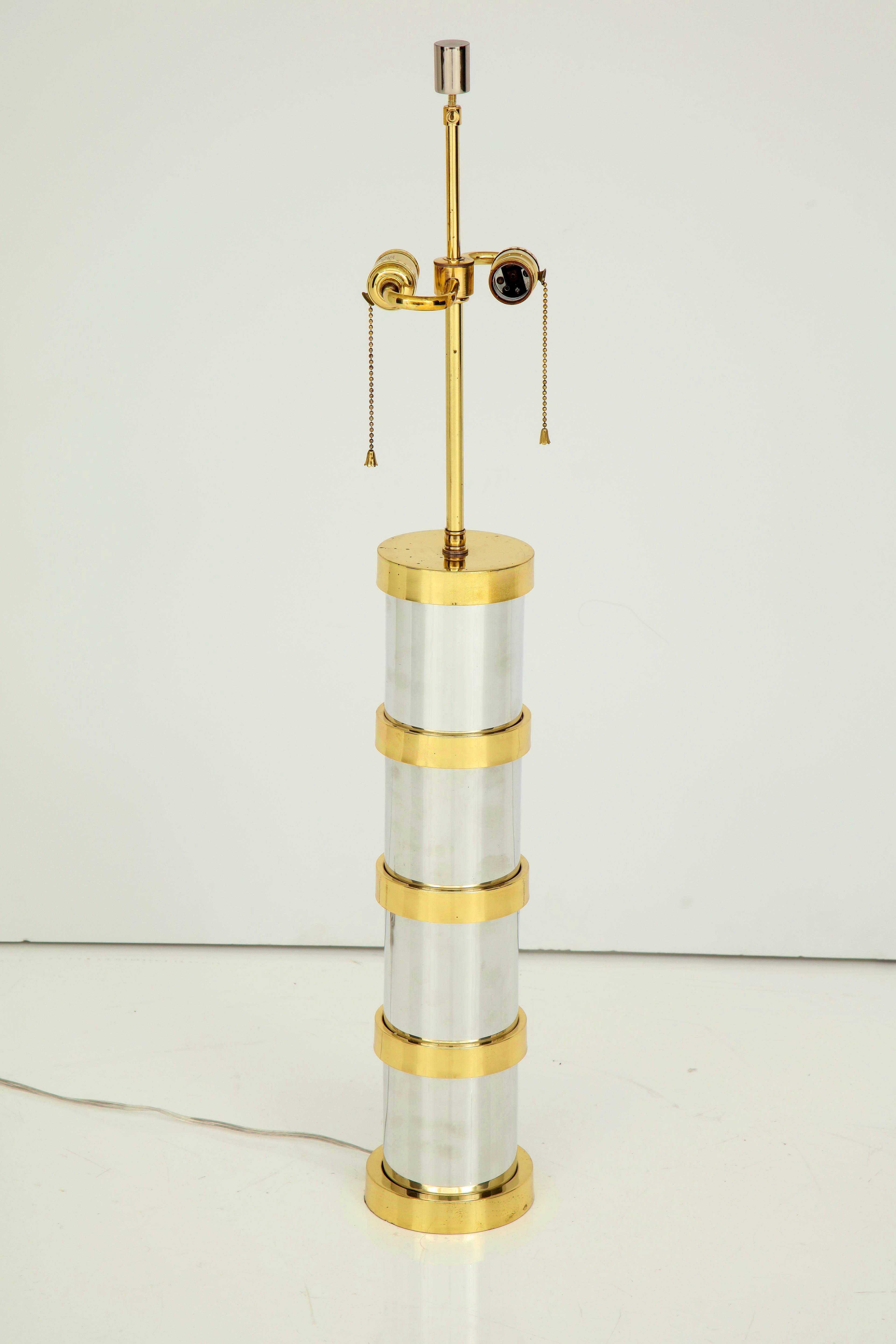 Late 20th Century 1970s Table Lamp with Bands of Brass and Chrome For Sale