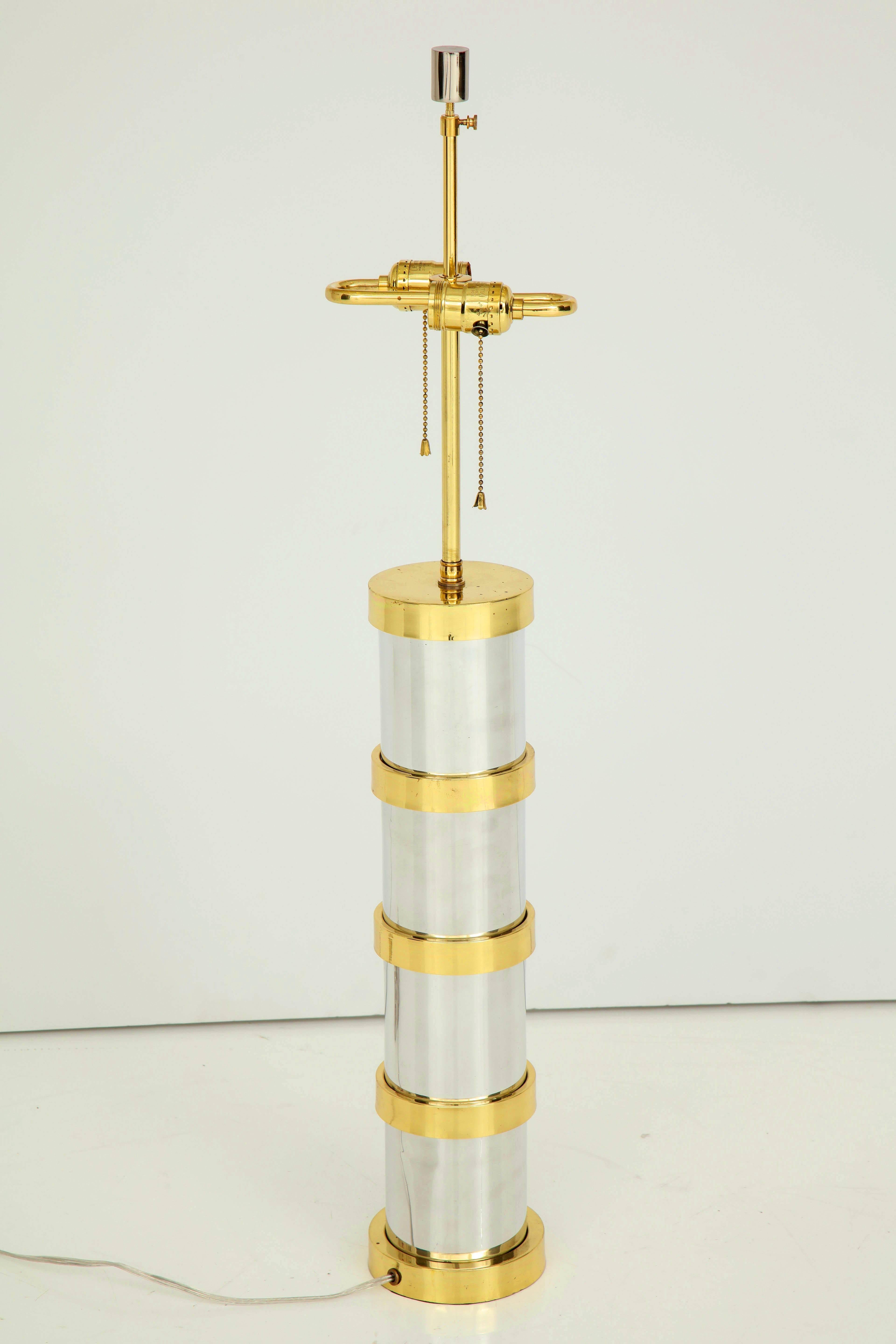 1970s Table Lamp with Bands of Brass and Chrome For Sale 1