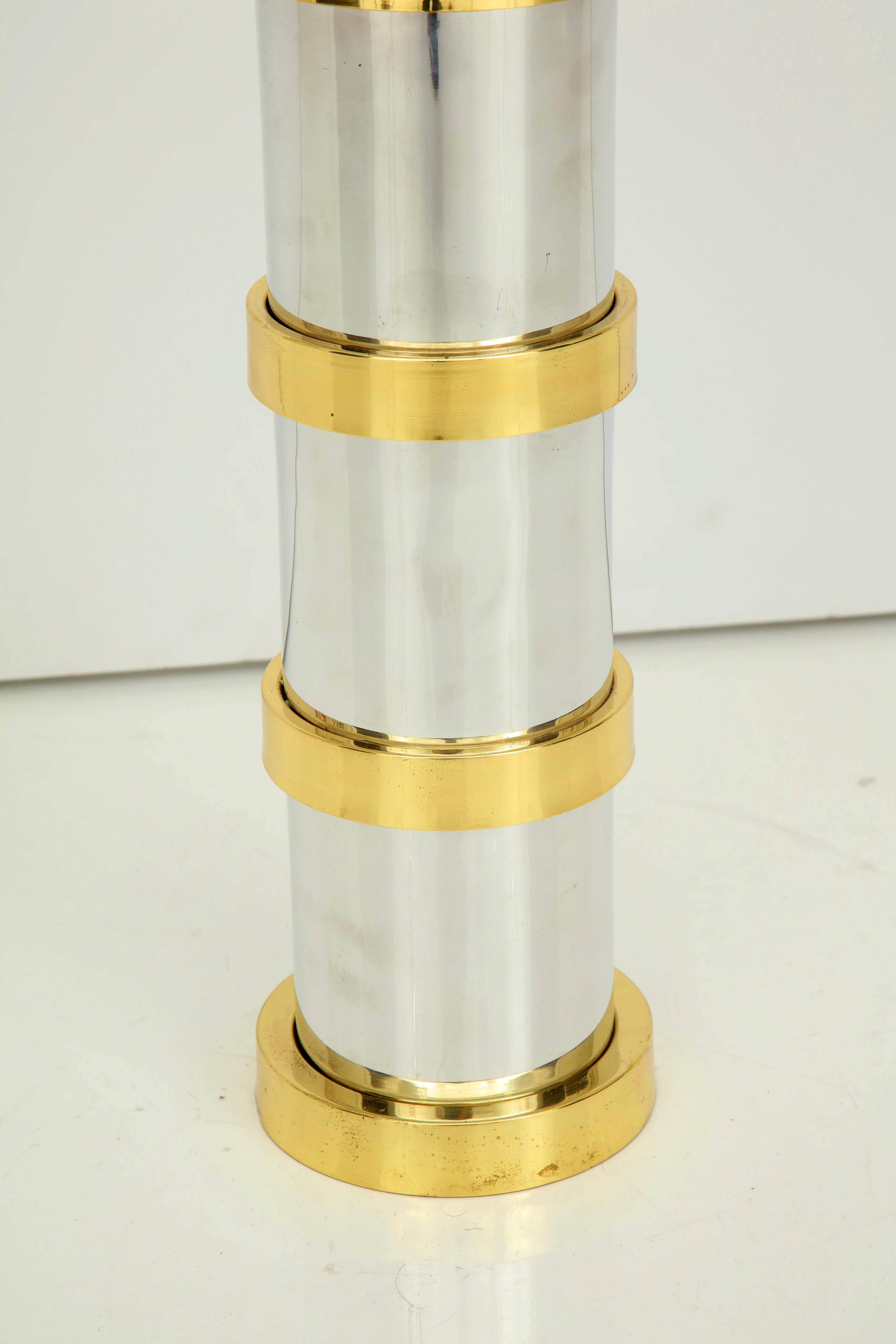 American 1970s Table Lamp with Bands of Brass and Chrome For Sale
