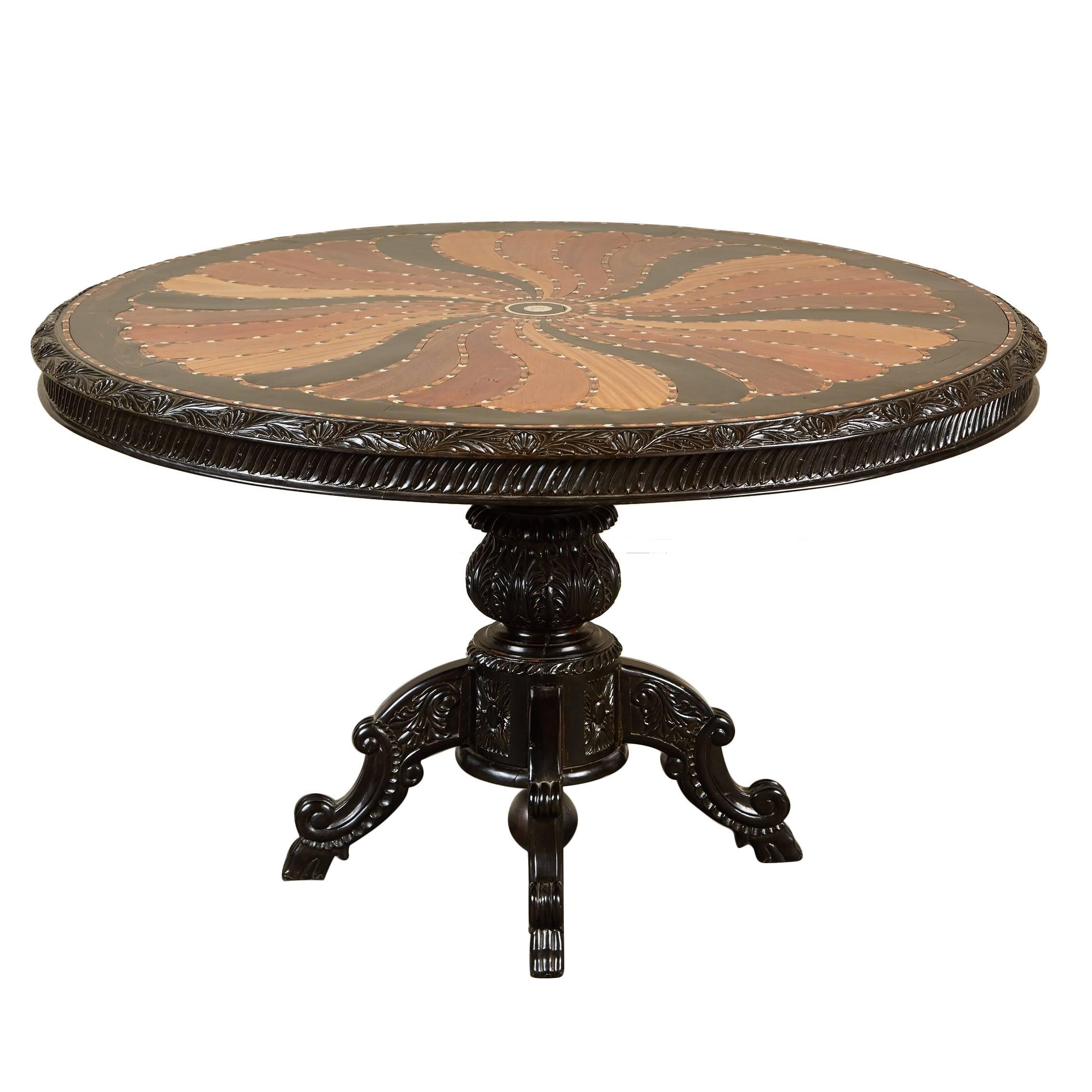 19th Century British Colonial Pedestal Table with Inlaid Top