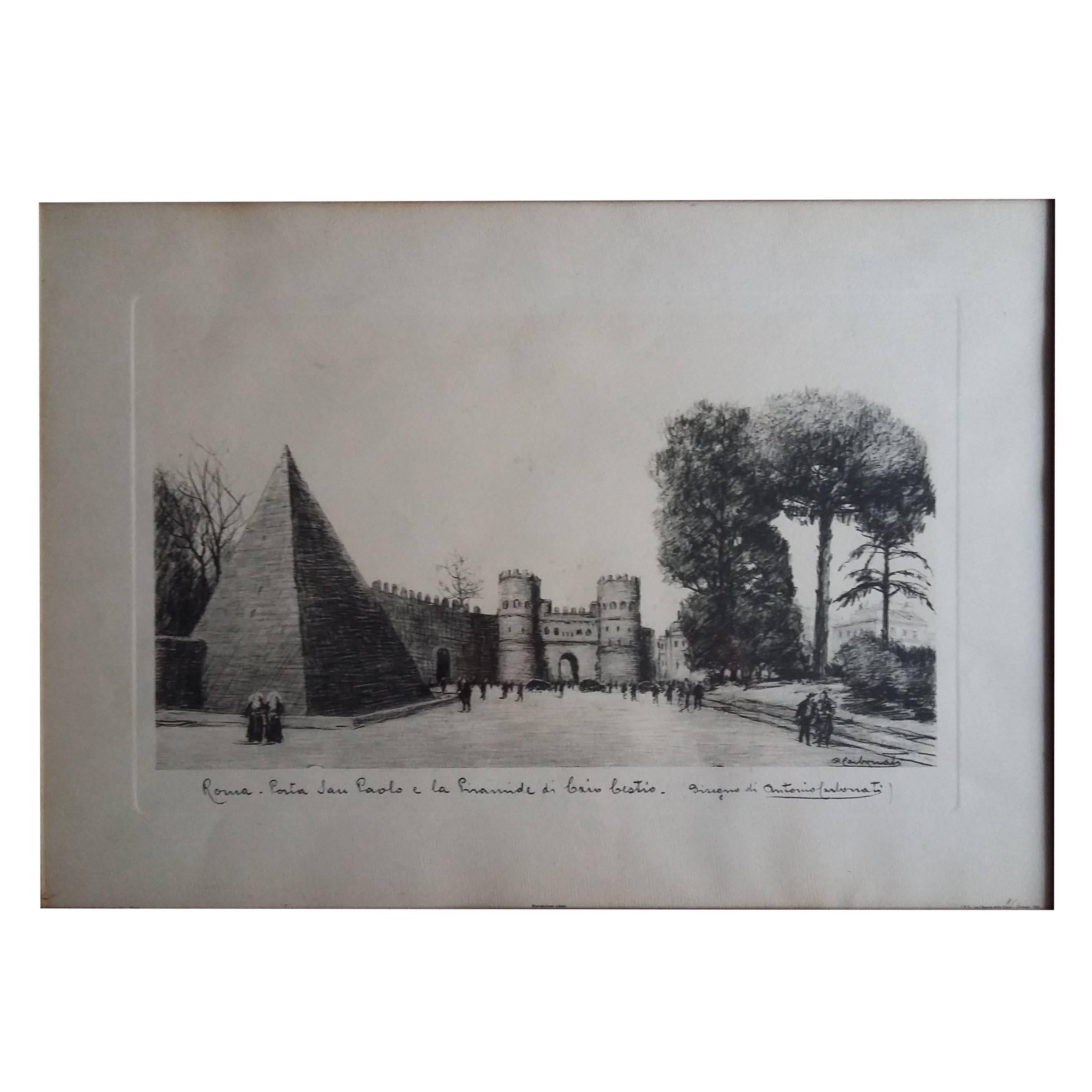 Etching Depicting Piramyd, Rome, During the Post-War Period, 1950s For Sale