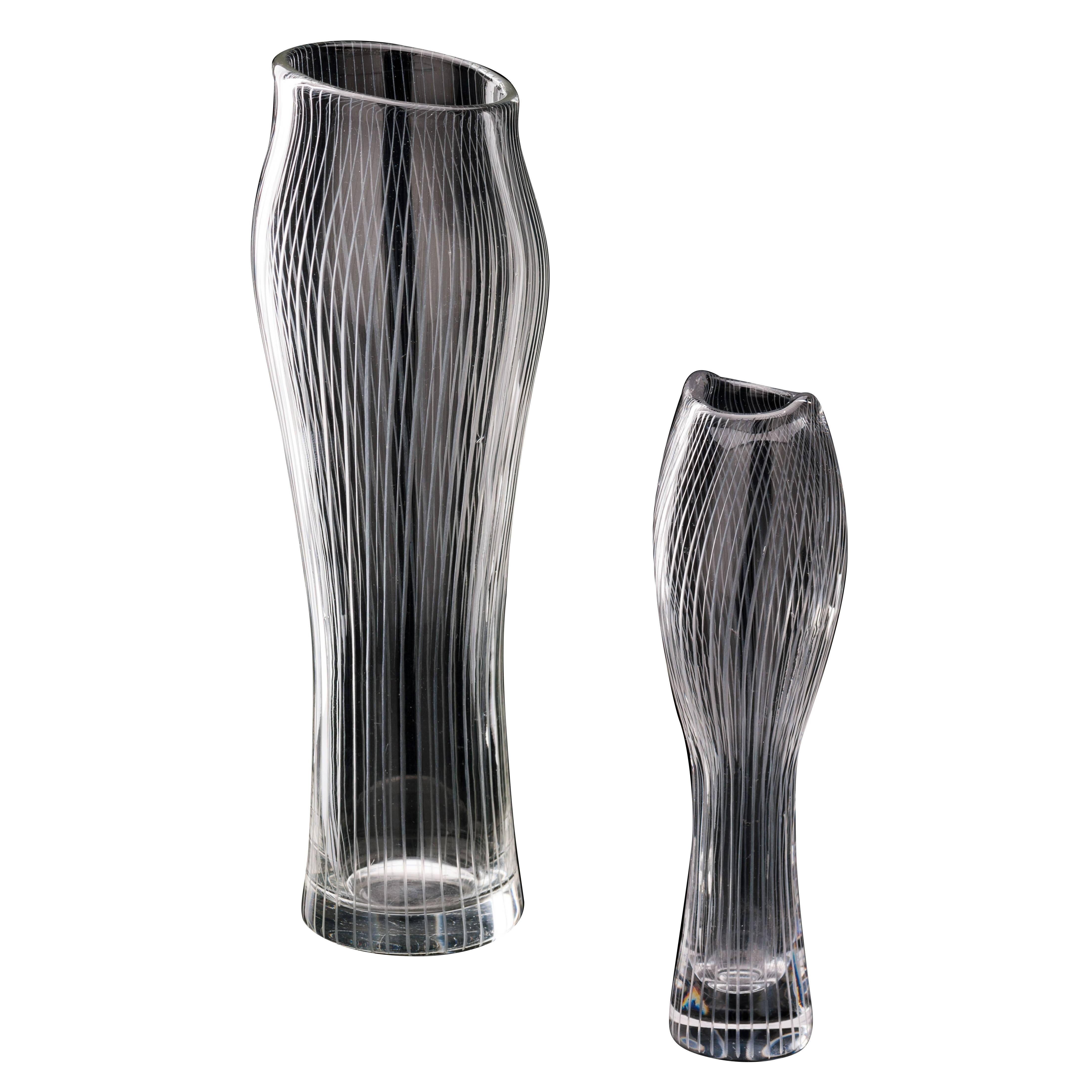 Pair of 1950s Line Etched Vases Art Glass by Tapio Wirkkala, Iittala Oy Finland