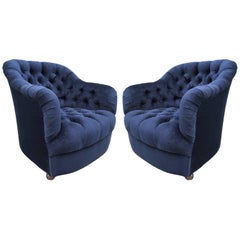 Pair of Ward Bennett Tufted Lounge Chairs on Casters