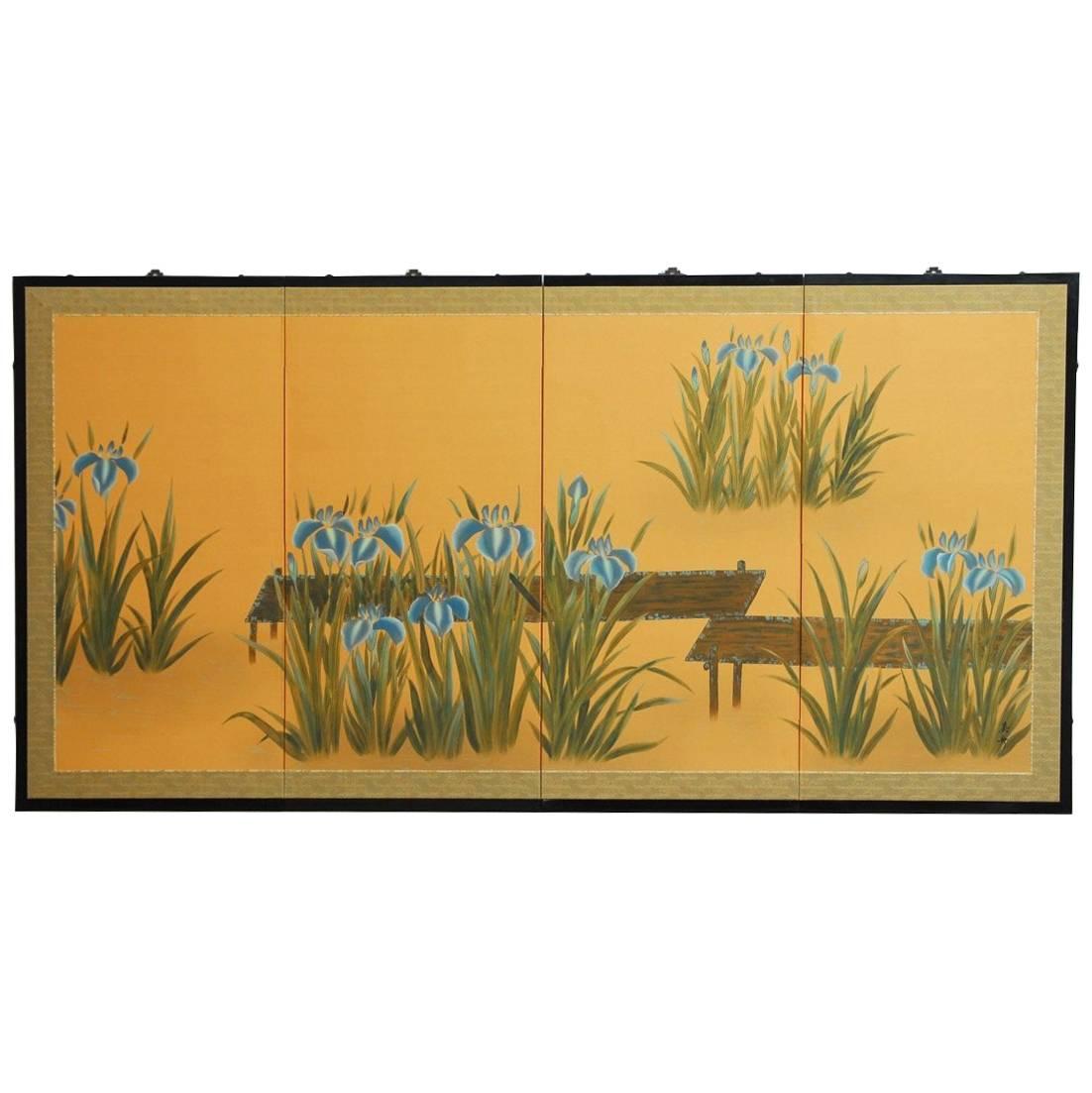 Japanese Four-Panel Folding Byobu Screen of Iris Pond