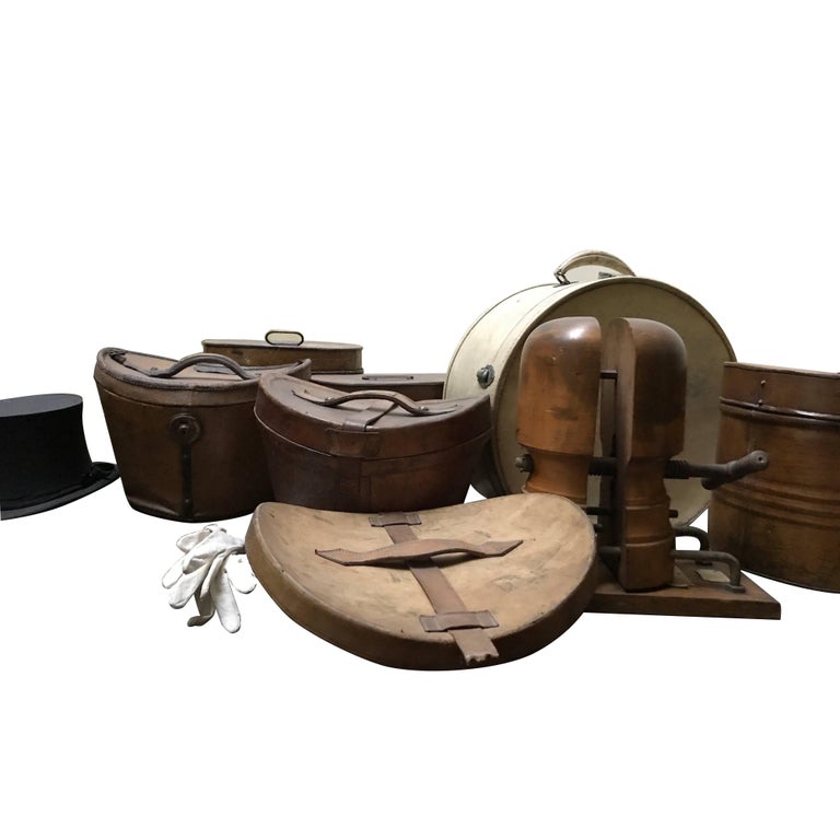 7 Hat box ( es) in Leather, One of Harrods London, Metal, Chapeau Claque  Opera For Sale at 1stDibs