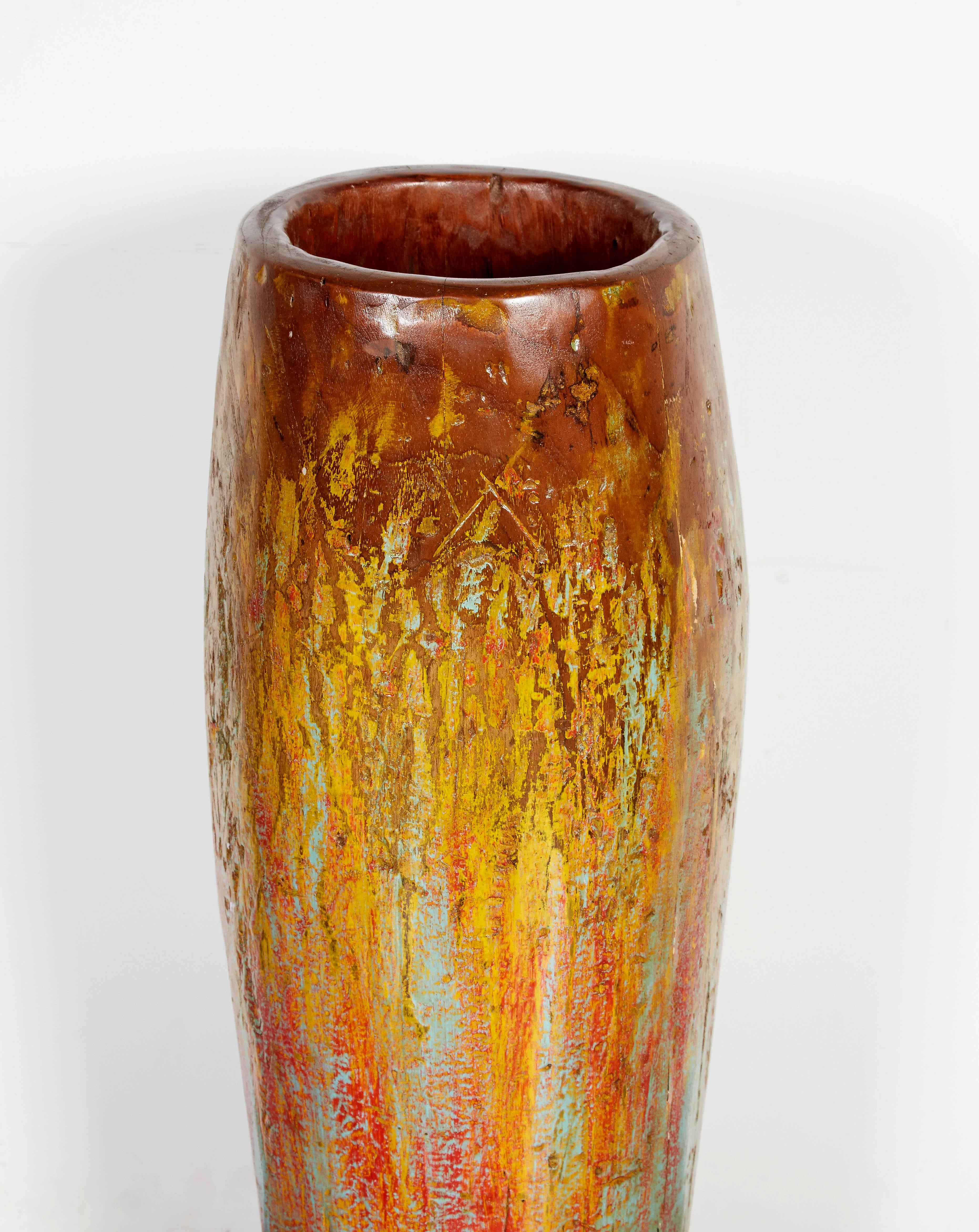 Tall, Colorful Teak Drum Vase from Java In Good Condition In New York, NY