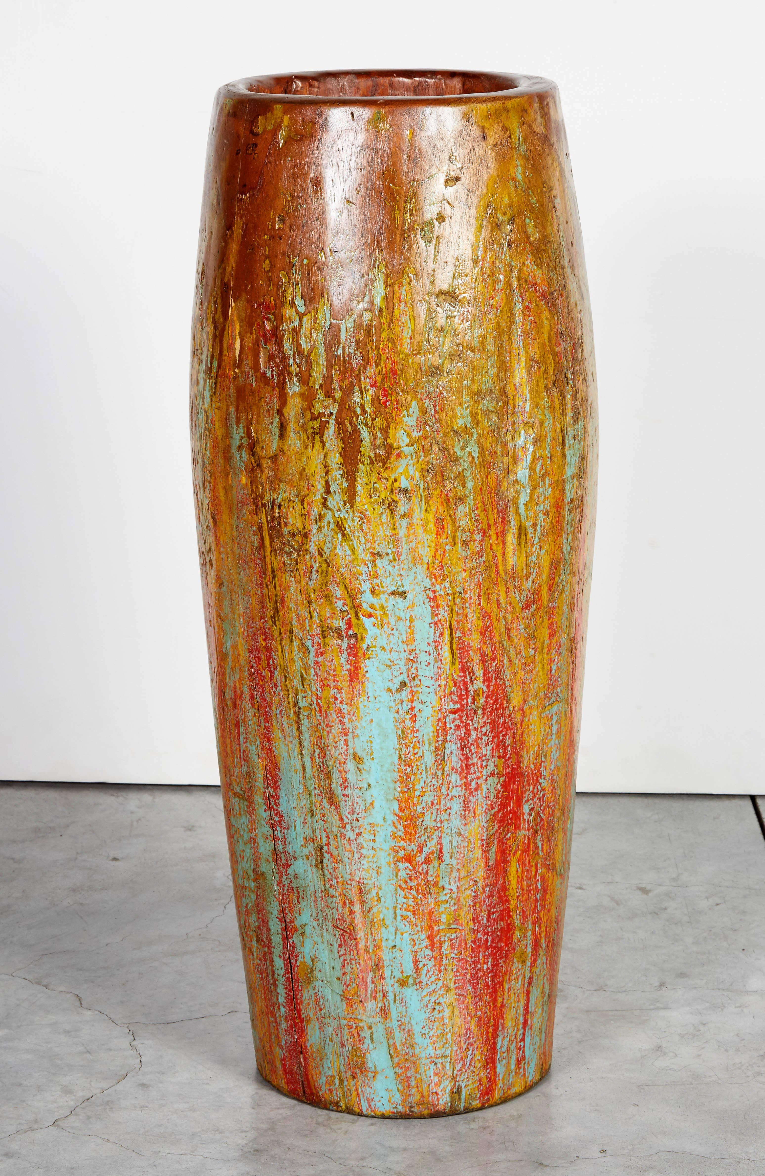 Tall, Colorful Teak Drum Vase from Java 1