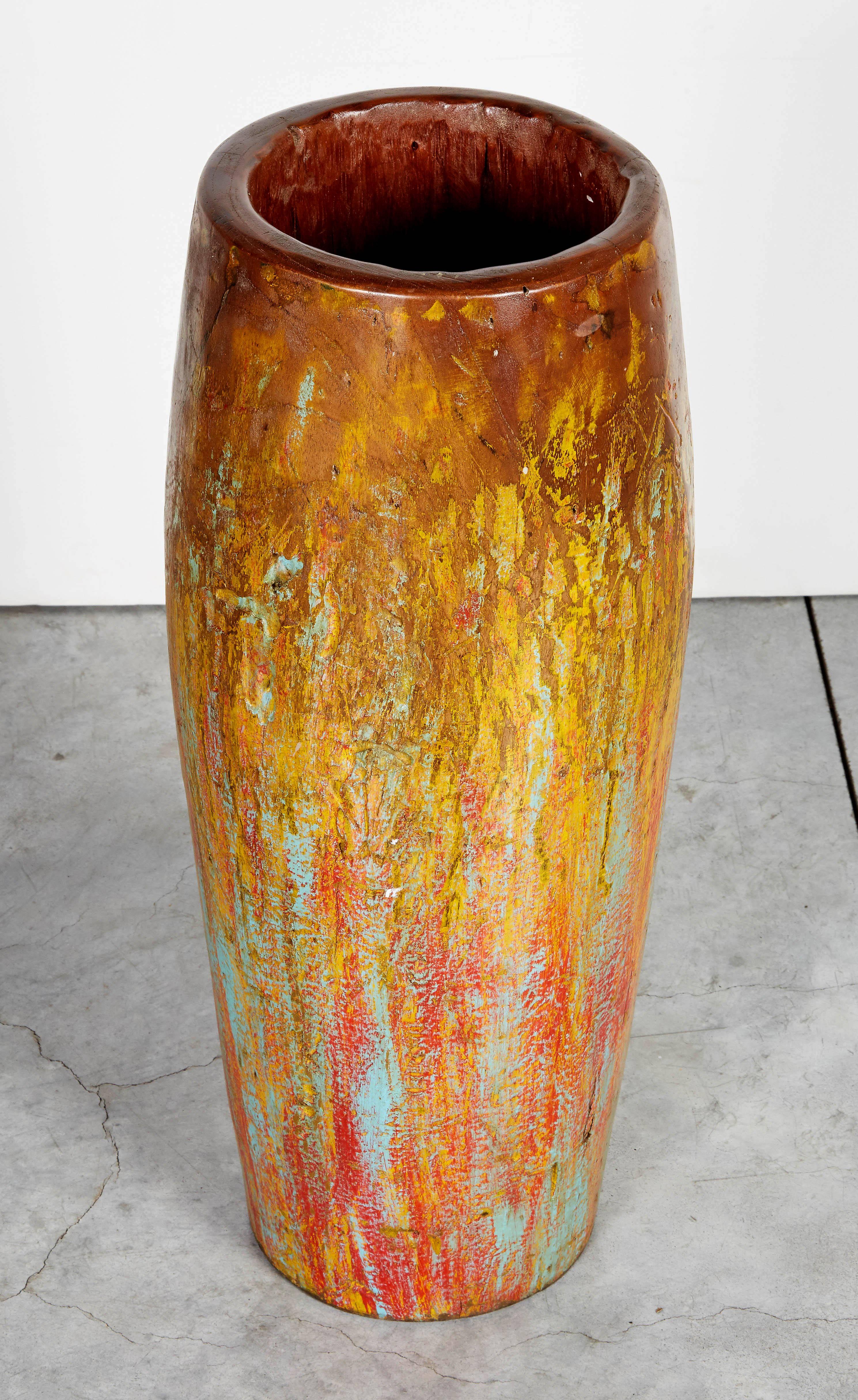 20th Century Tall, Colorful Teak Drum Vase from Java
