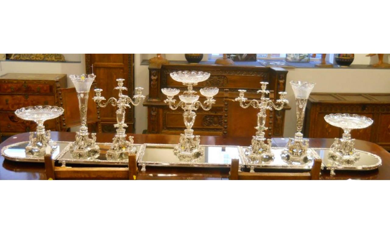 Victorian 12-Piece Egyptian Revival Silver-Plate and Cut Glass Surtout de Table Service