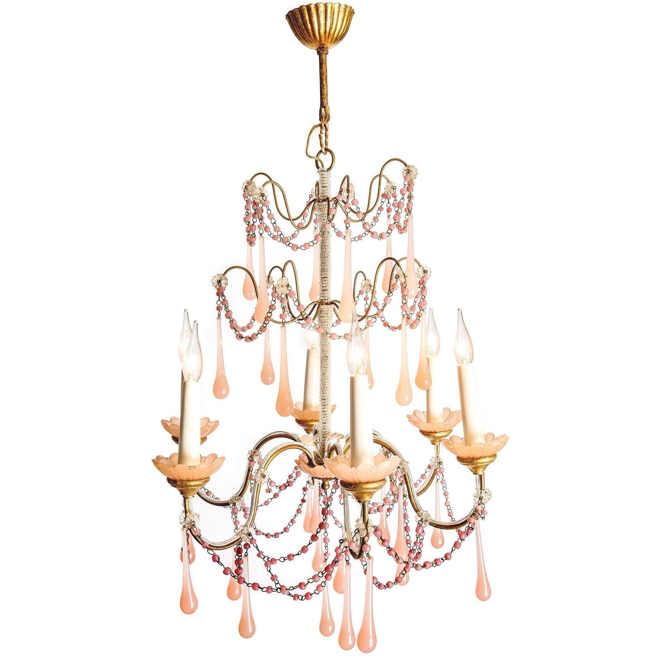 Boudoir Chandelier with Handblown Rose Glass Droplets and Beads, circa 1920