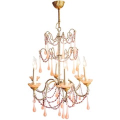 Boudoir Chandelier with Handblown Rose Glass Droplets and Beads, circa 1920