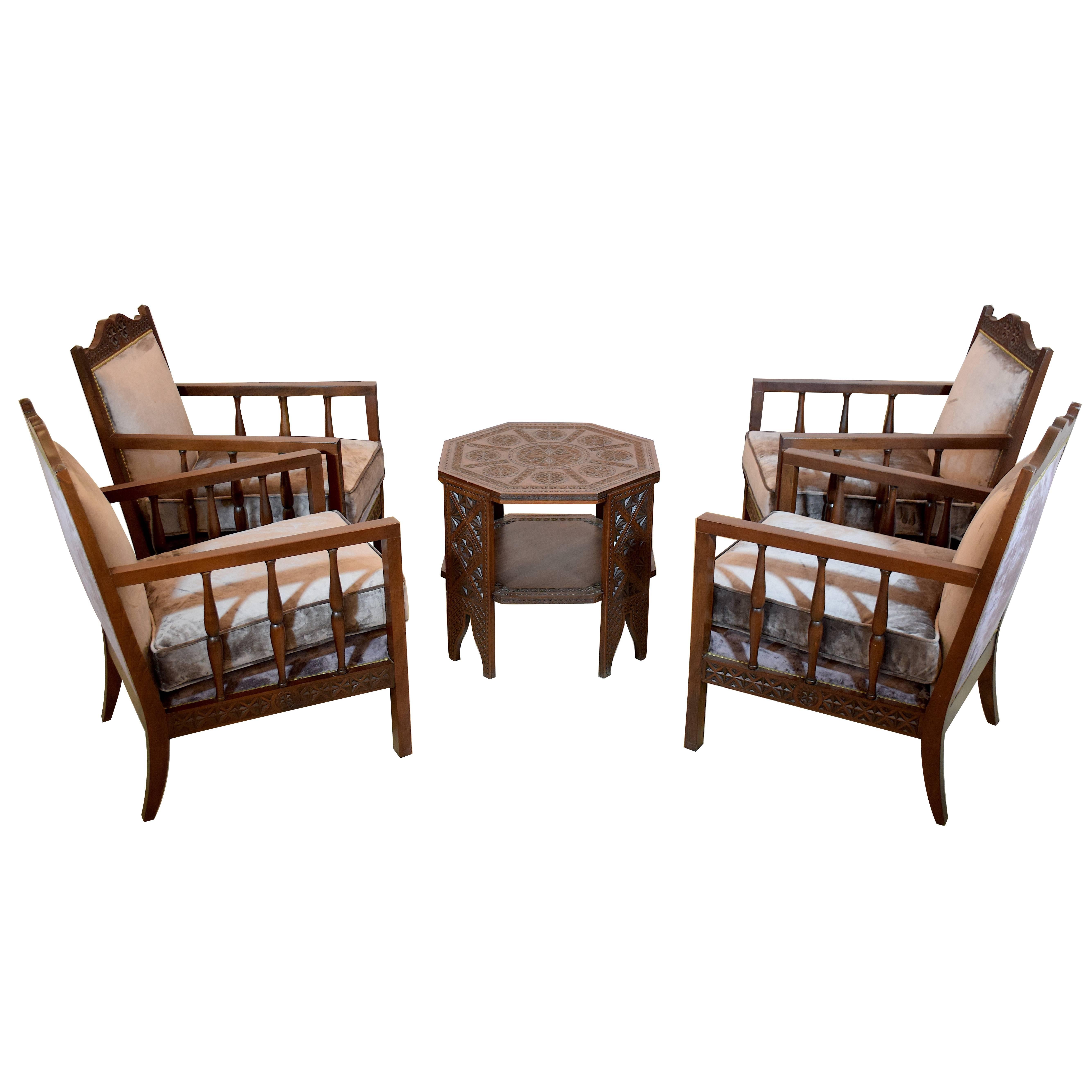 20th Century Vintage Moorish Armchairs and Table, Set of Five, 1930s