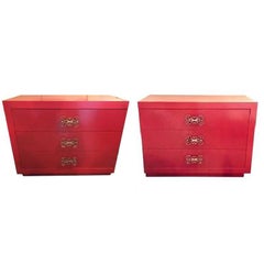 Vintage Pair of Mid-Century Modern Paint Decorated Commodes /Chests, Floral Hardware