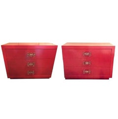 Pair of Mid-Century Modern Paint Decorated Commodes /Chests, Floral Hardware