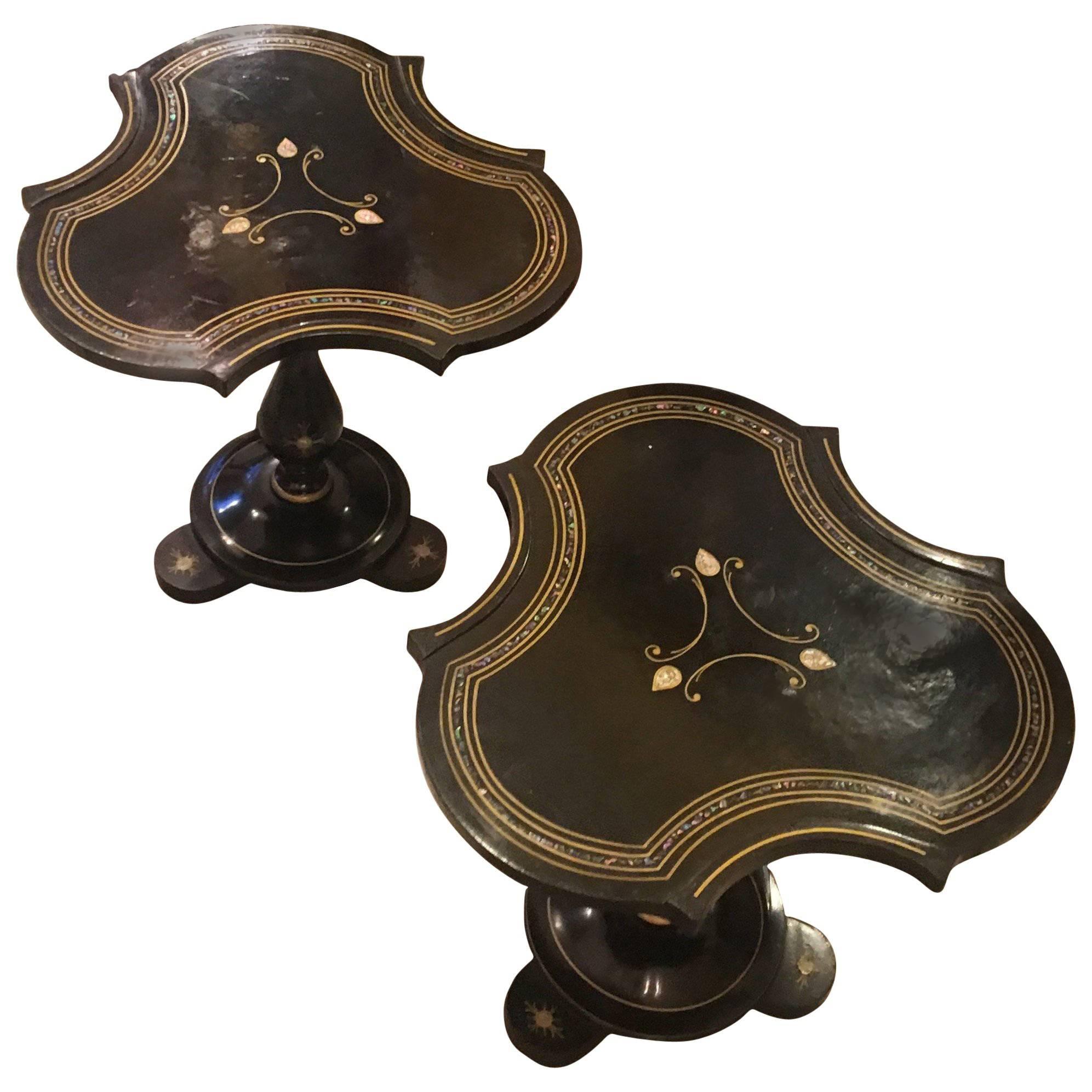 Pair of 19th Century French Napoleon III Black Lacquered Mother-of-Pearl Tables