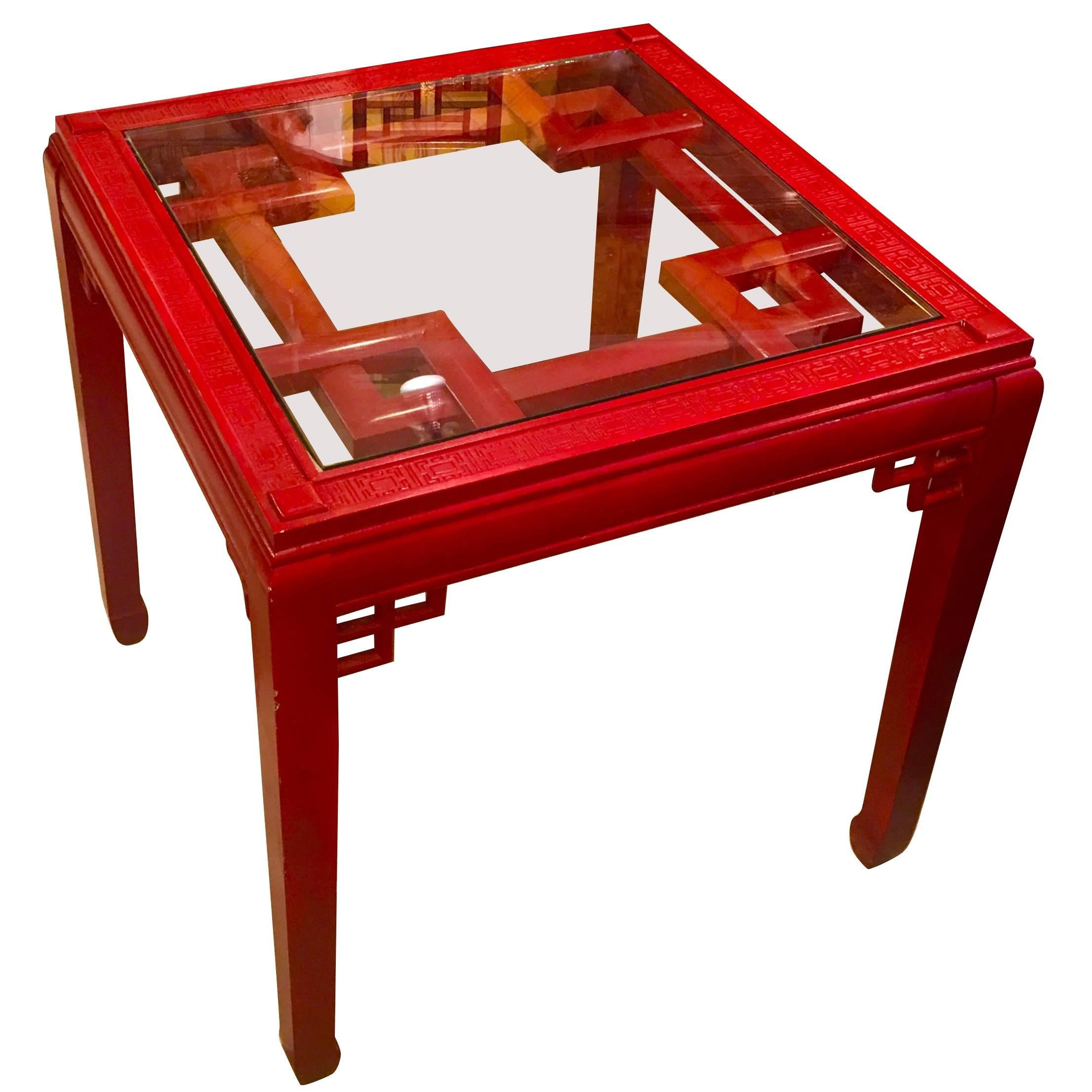 Midcentury American Chinese Chippendale Style Red Lacquered Square Table