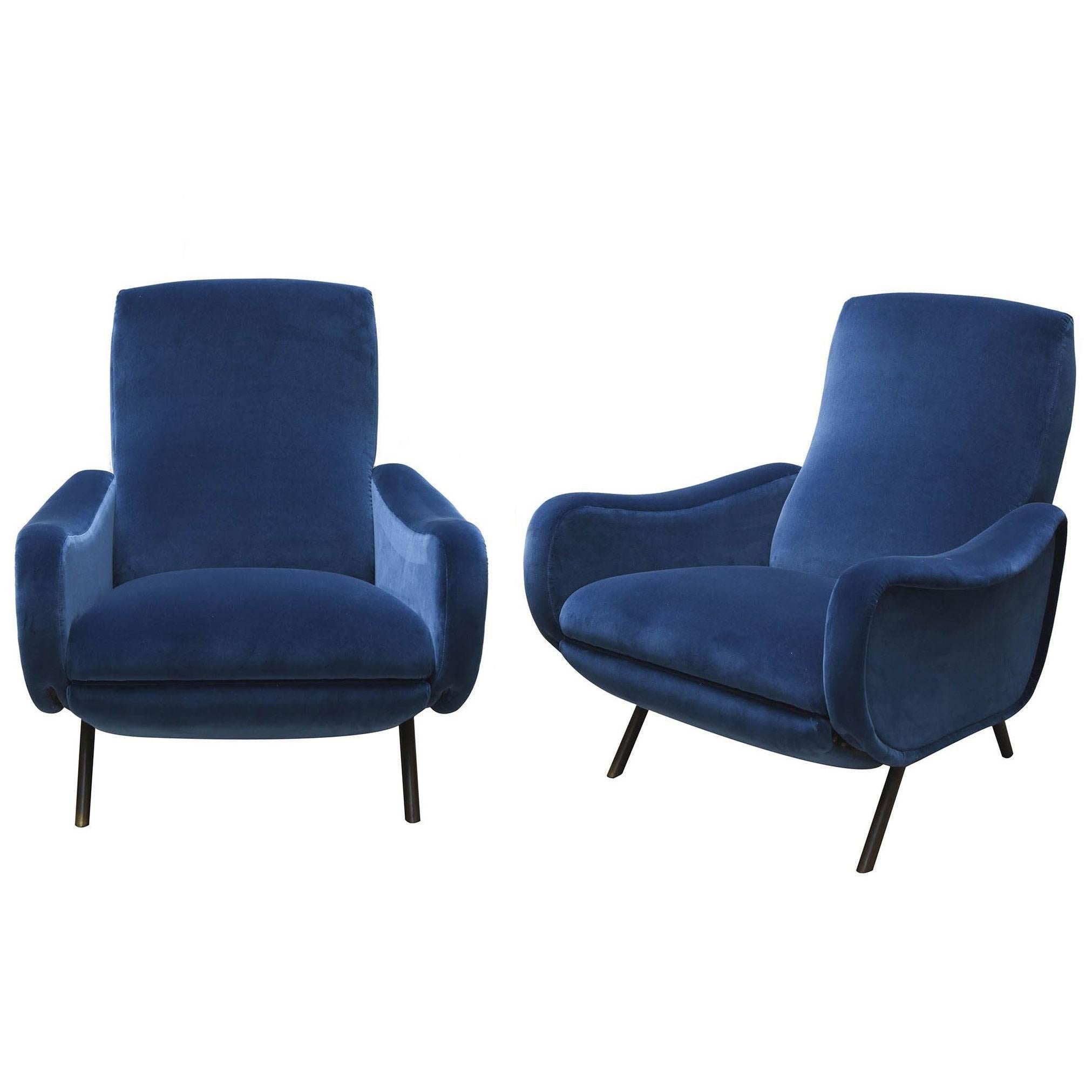 1950s Marco Zanuso Blue Velvet "Lady"  Armchairs For Sale