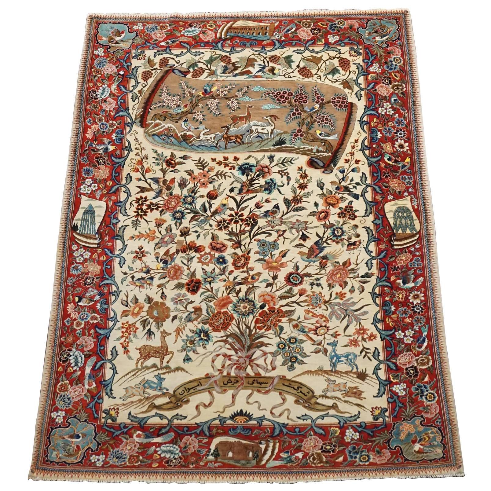 Rare Pure Silk Persian Farahan, Inscribed For Sale