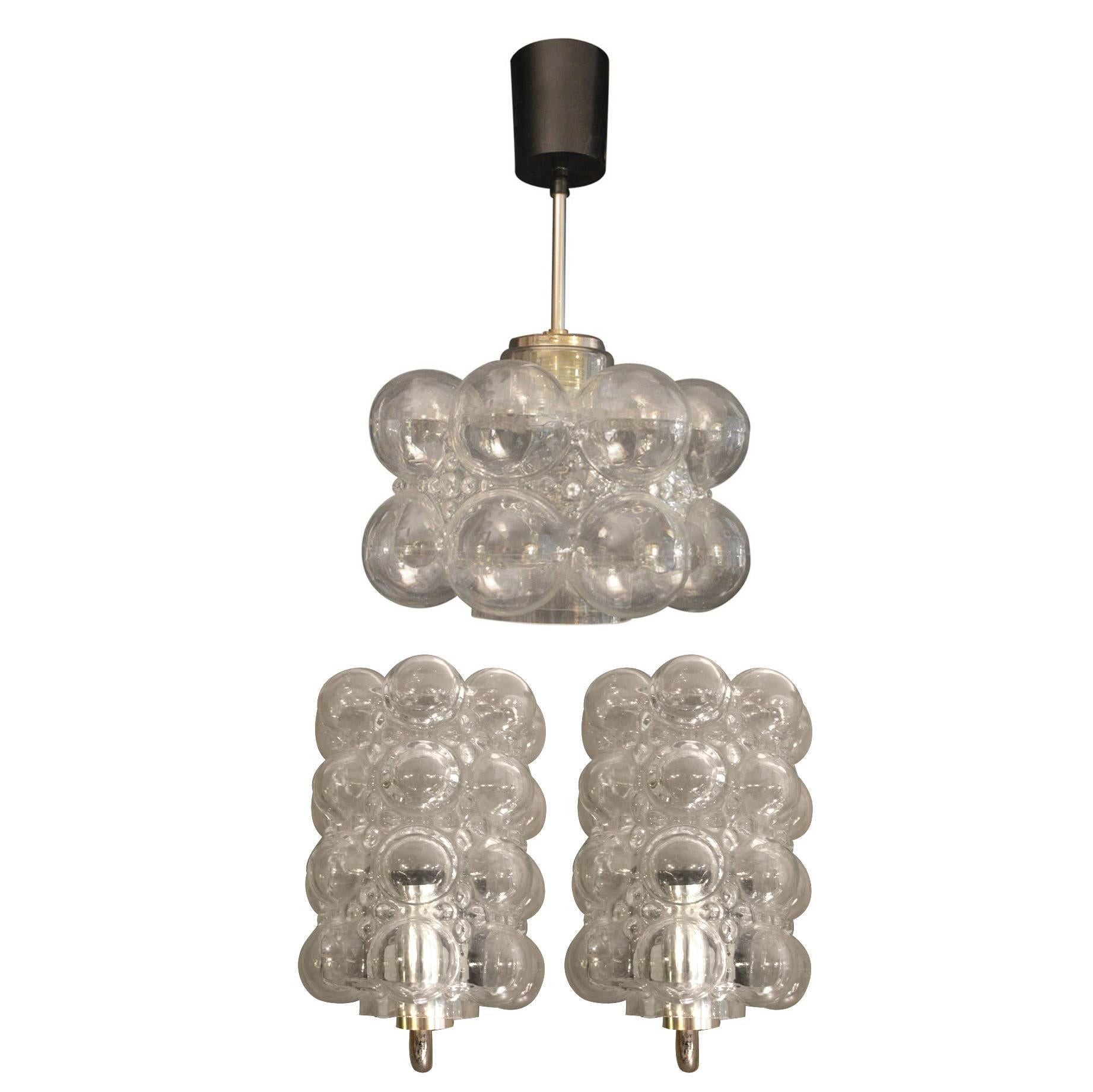 Pair of Handblown Glass Bubble Sconces with Matching Pendant Chandelier For Sale