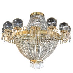 Antique Palatial Neoclassical Brass and Crystal Basket Chandelier with Hanging Prisms