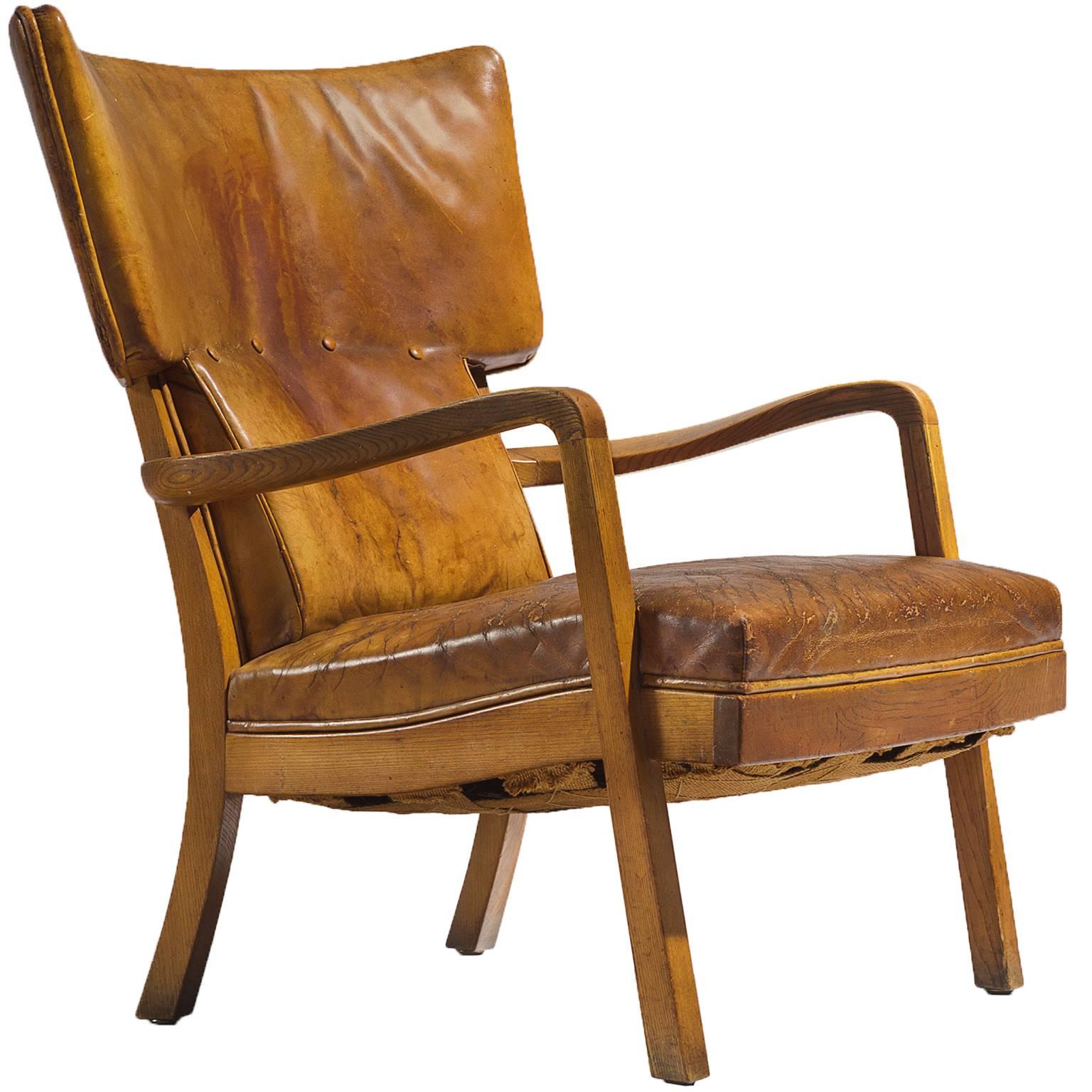 Peter Hvidt Unique Early Wingback Chair in Cognac Leather