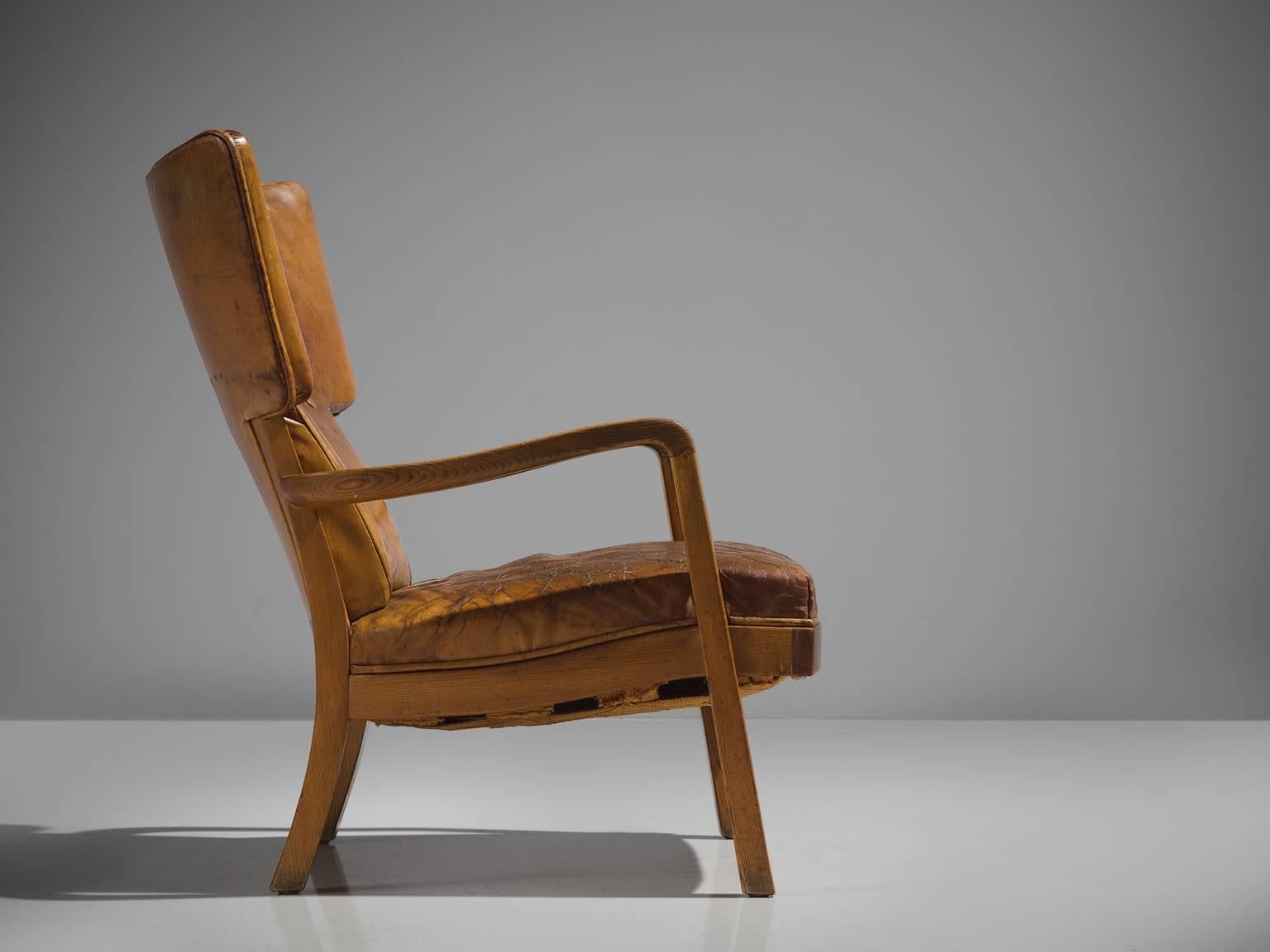 Danish Peter Hvidt Unique Early Wingback Chair in Cognac Leather