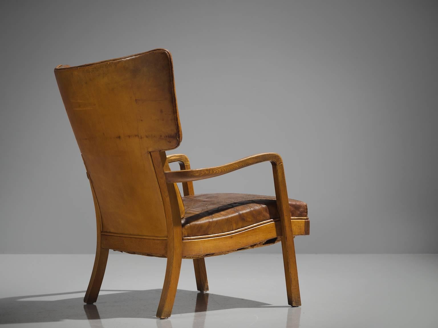 Mid-20th Century Peter Hvidt Unique Early Wingback Chair in Cognac Leather
