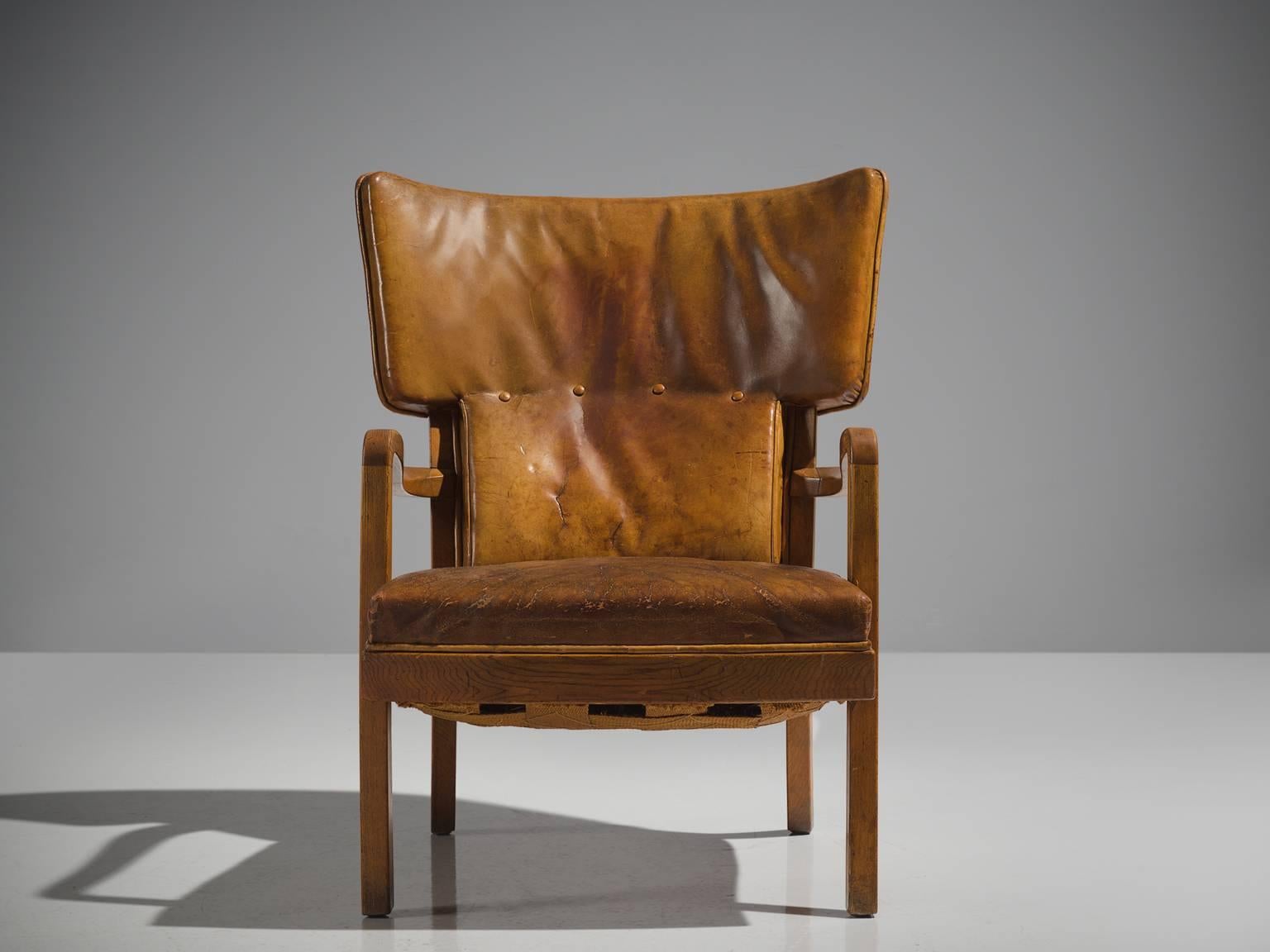 Scandinavian Modern Peter Hvidt Unique Early Wingback Chair in Cognac Leather