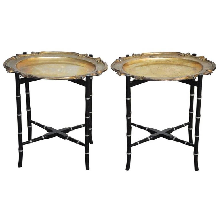 English Silver Plate Tray Tables on Faux Bamboo Stands For Sale