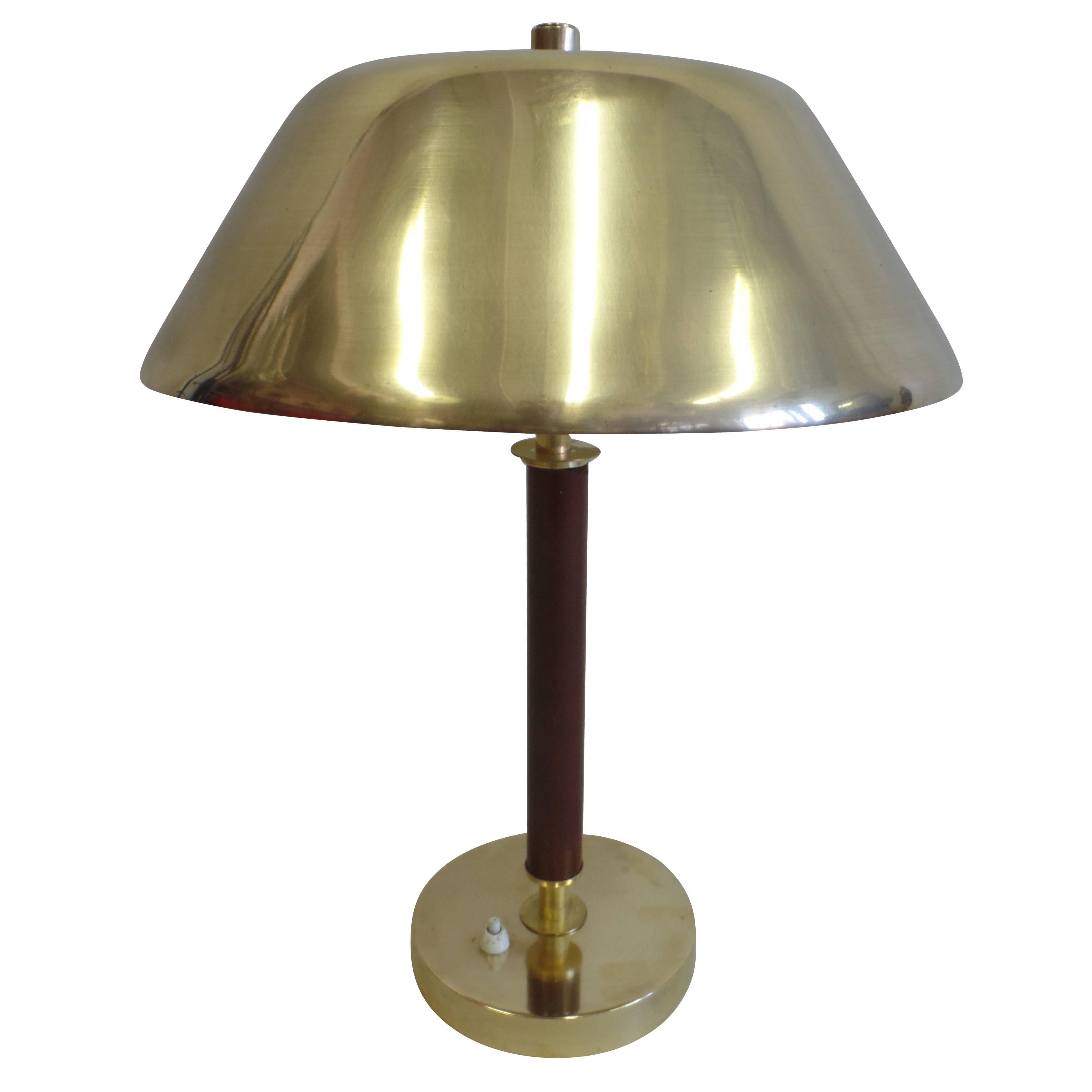 Sober, Modern Brass and Stitched Leather Desk Lamp Attributed to Jacques Adnet