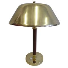 Sober, Modern Brass and Stitched Leather Desk Lamp Attributed to Jacques Adnet