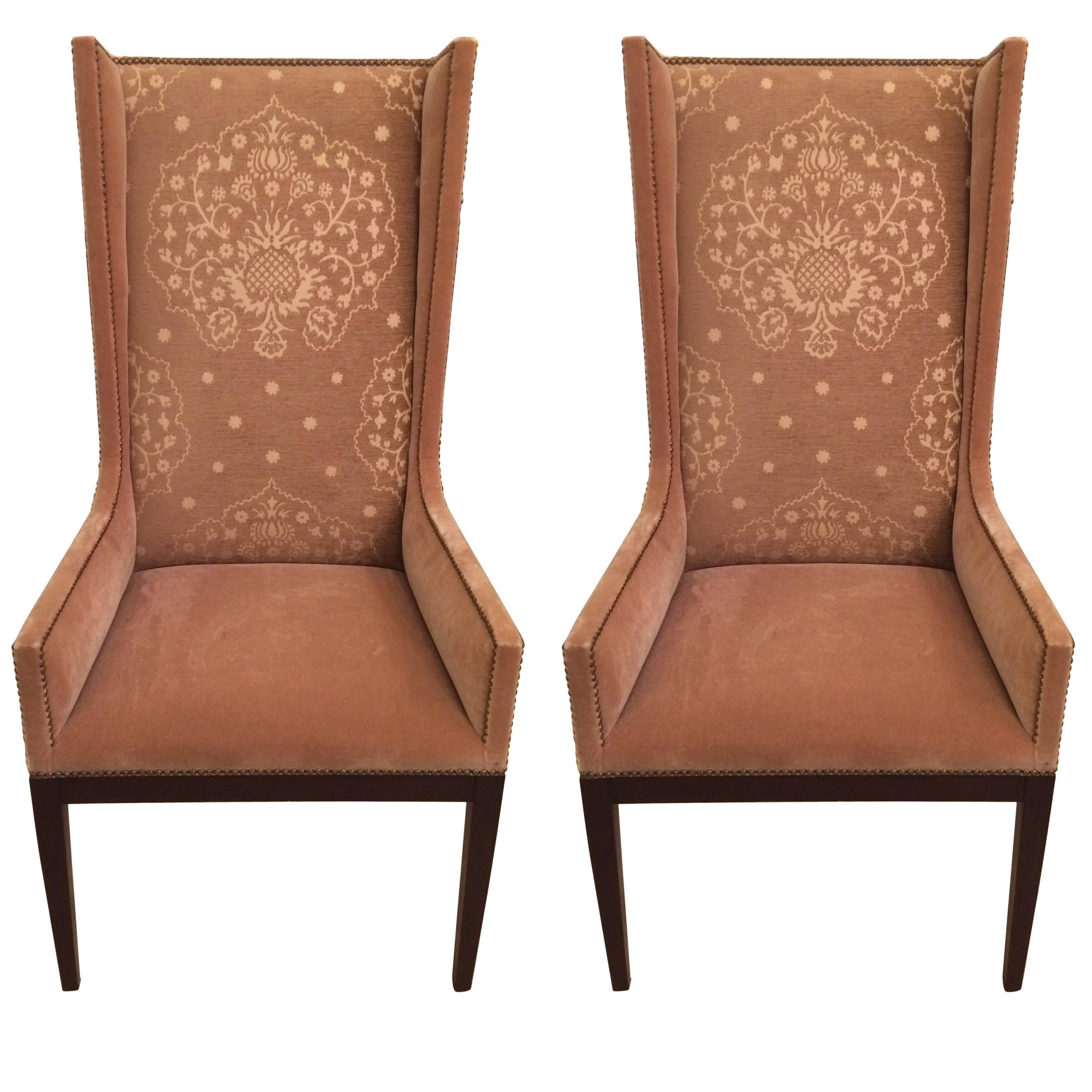 Stylish Pair of Camel Mohair High Back Wing Chairs