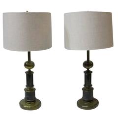 1970s Pair of Marble and Brass Table Lamps, France