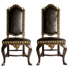 Pair of Black Leather Spanish Baroque Studded Walnut Side Chairs, 18th Century