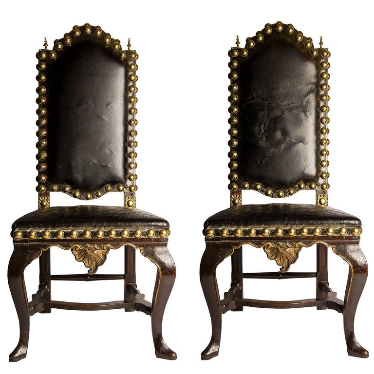 Pair of Black Leather Spanish Baroque Studded Walnut Side Chairs, 18th