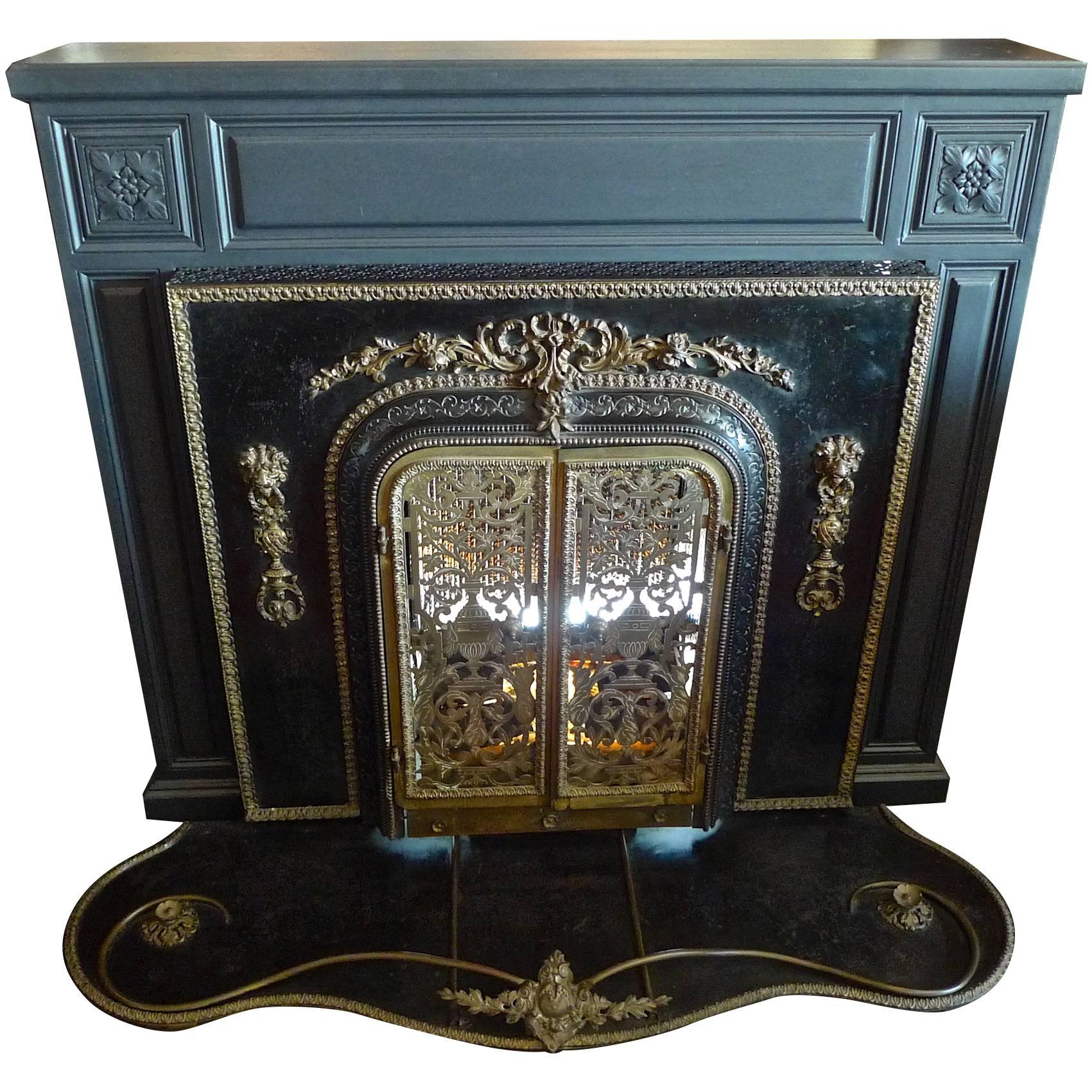 French and American 1960s Metal and Bronze Faux Electric Fire Place and Mantle