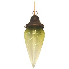 Antique German Etched Glass Pendant Light with Bronze Hardware