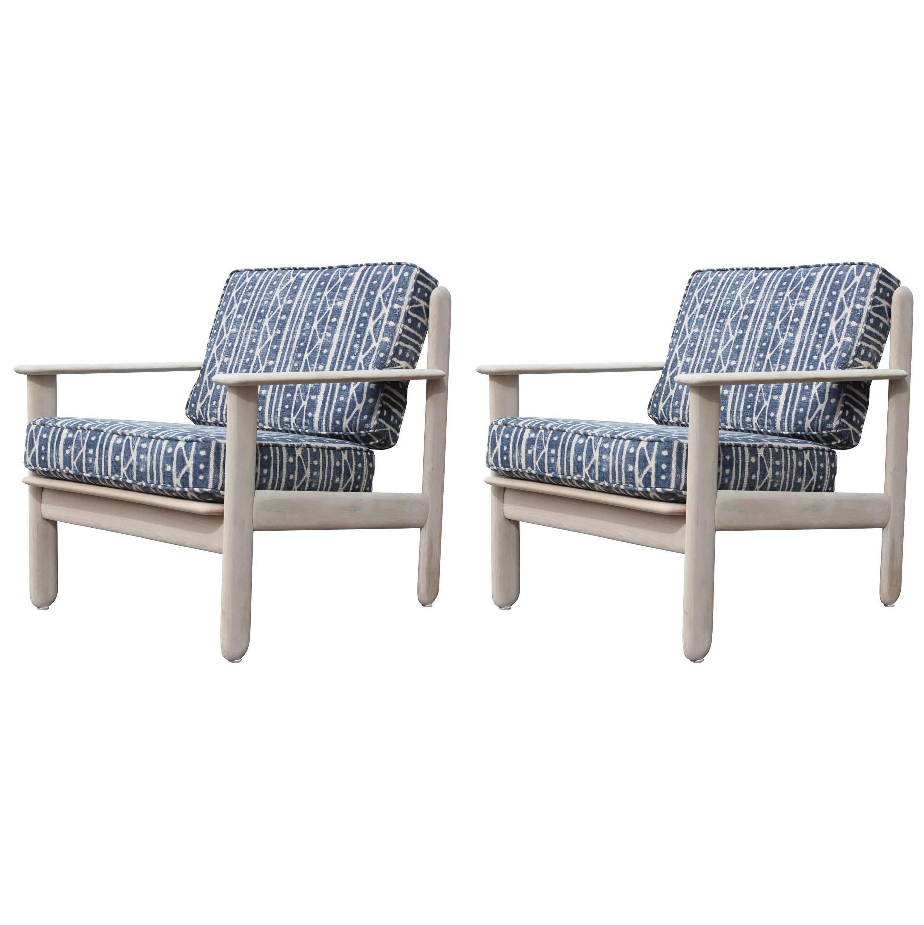 Pair of Modern Bleached Wood Italian Lounge Chairs in Indigo Blue & White Linen