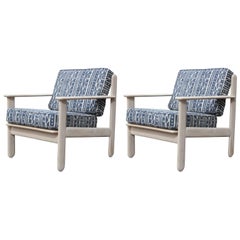 Pair of Modern Bleached Wood Italian Lounge Chairs in Indigo Blue & White Linen