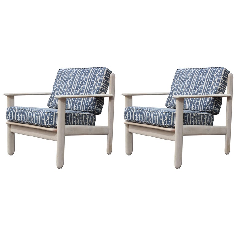 Pair of Modern Bleached Wood Italian Lounge Chairs in Indigo Blue and