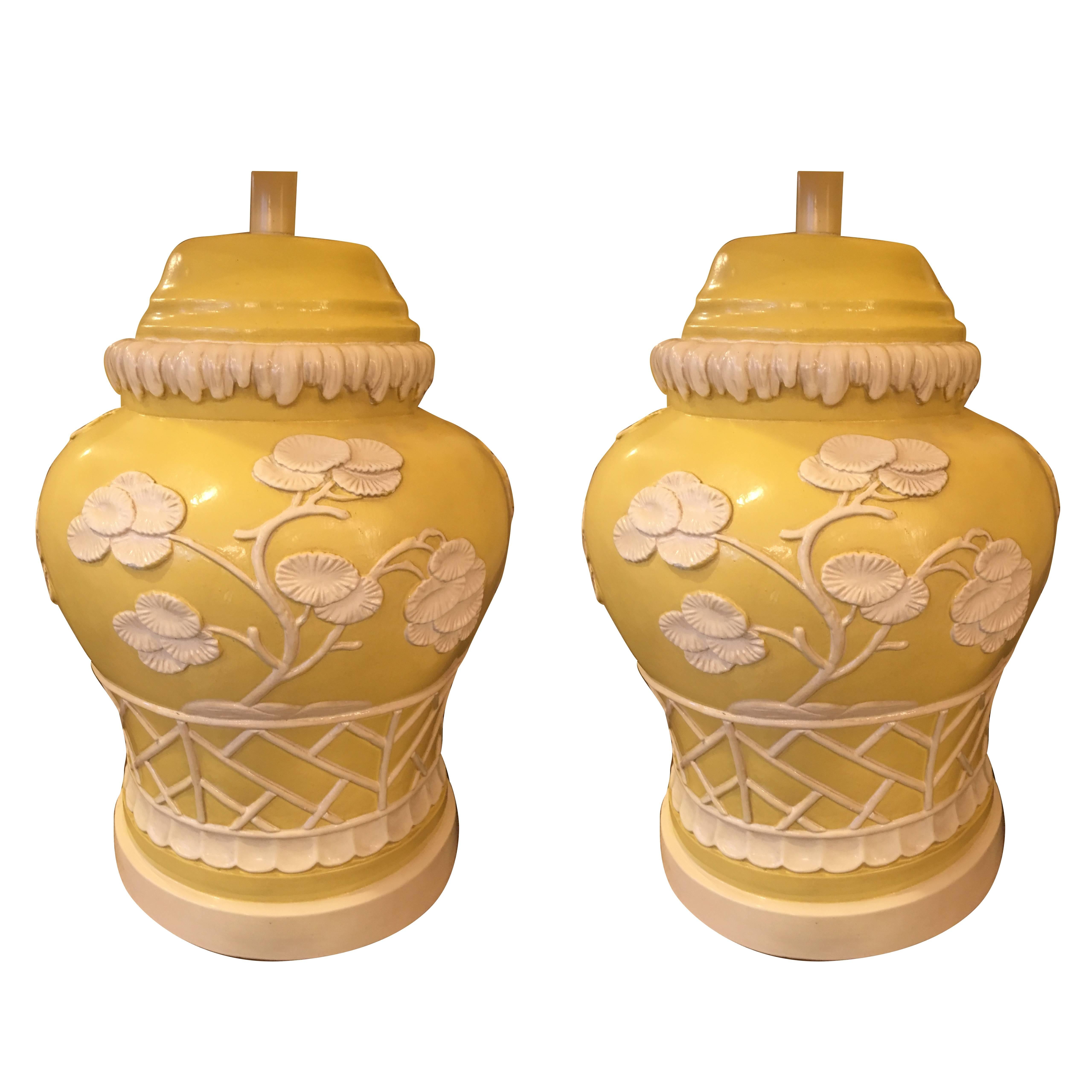Pair of Midcentury American Yellow and White Chinese Style Lamps