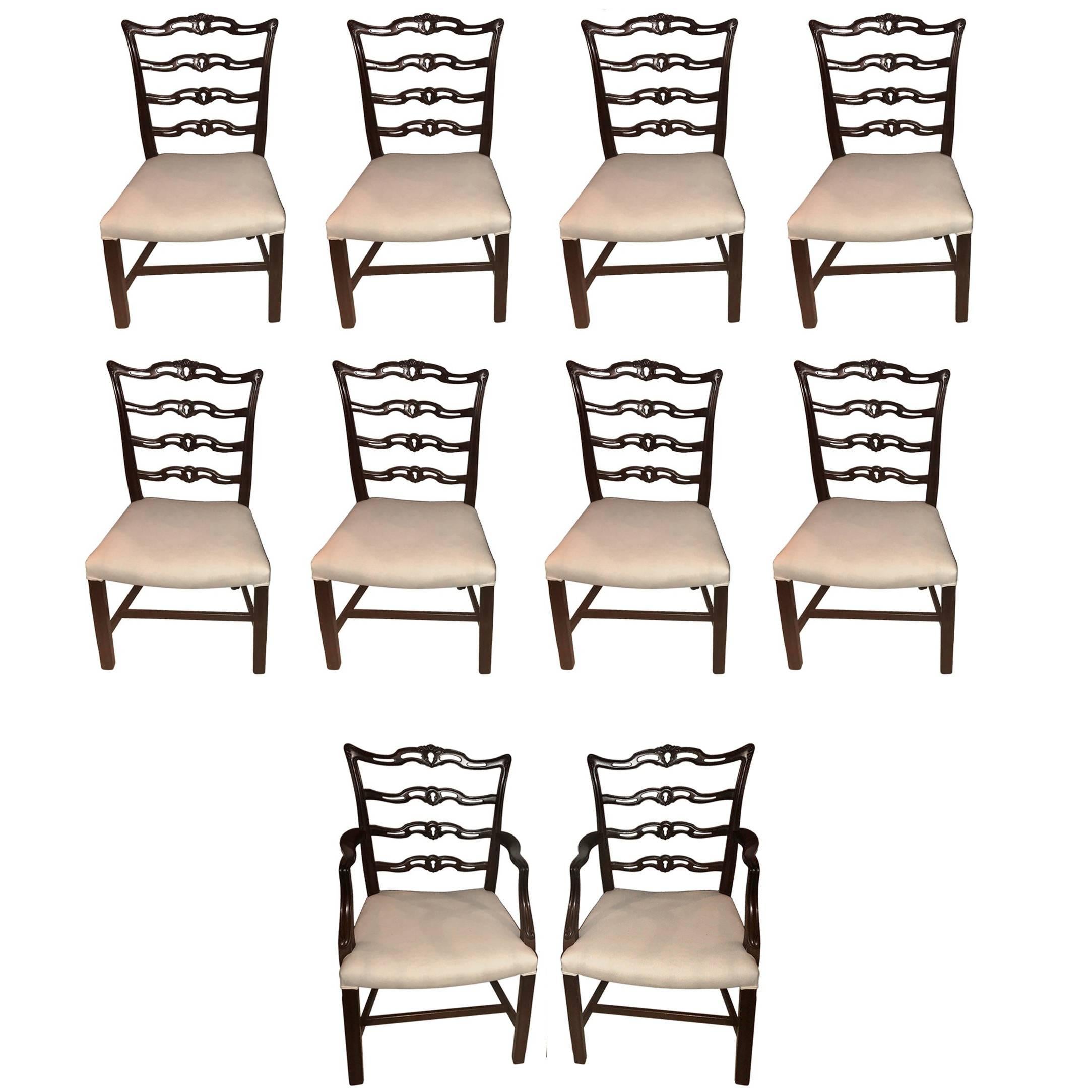 Set of Ten Ladder Back Chippendale Style Dining Chairs