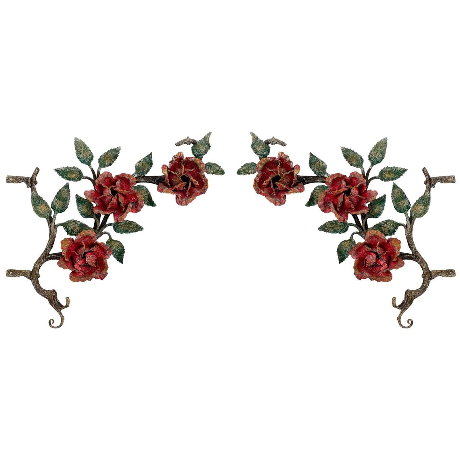 Pair of Decorative Painted Cast Iron Roses