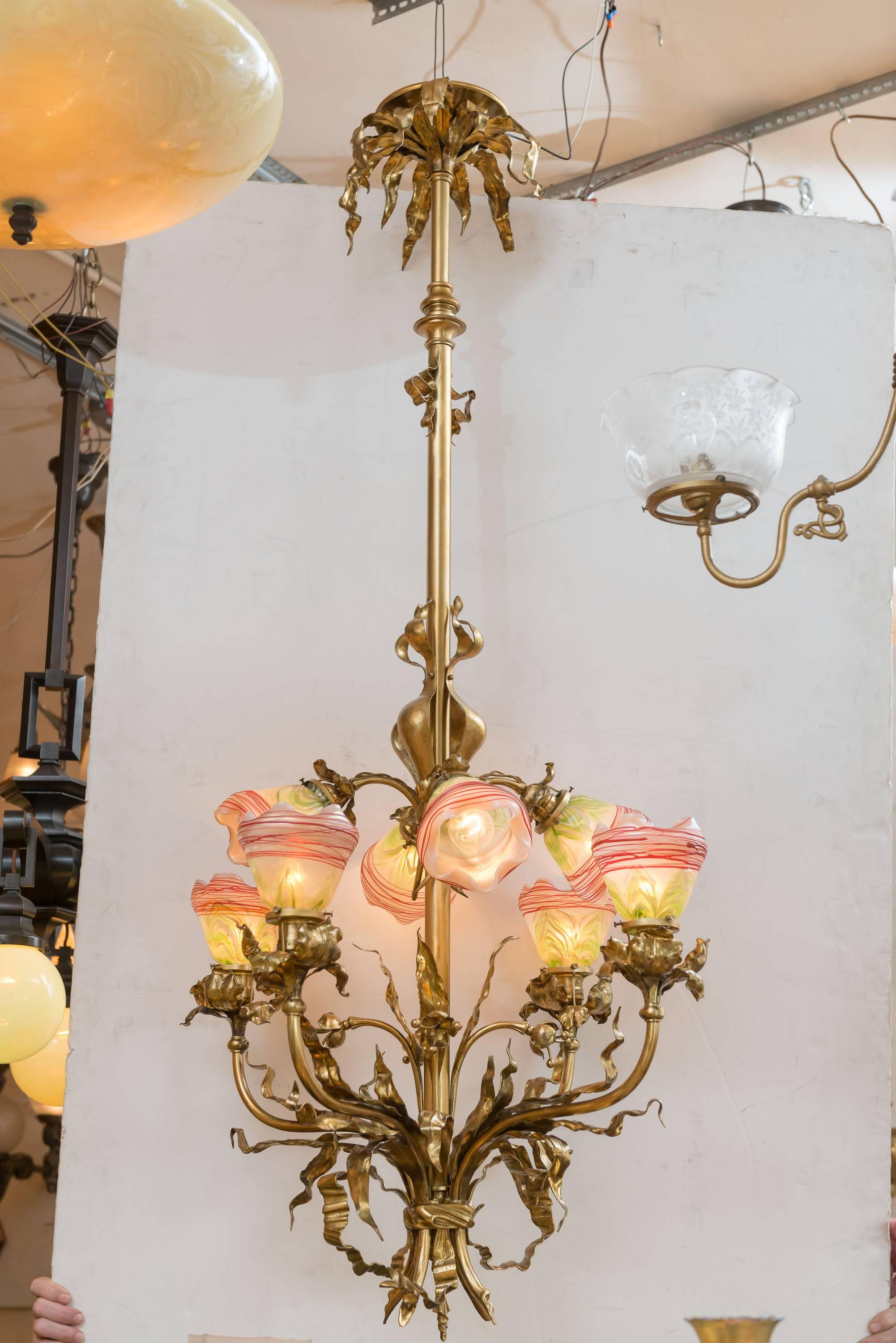 French Eight-Arm Art Nouveau Chandelier with Handblown Period Art Glass Shades