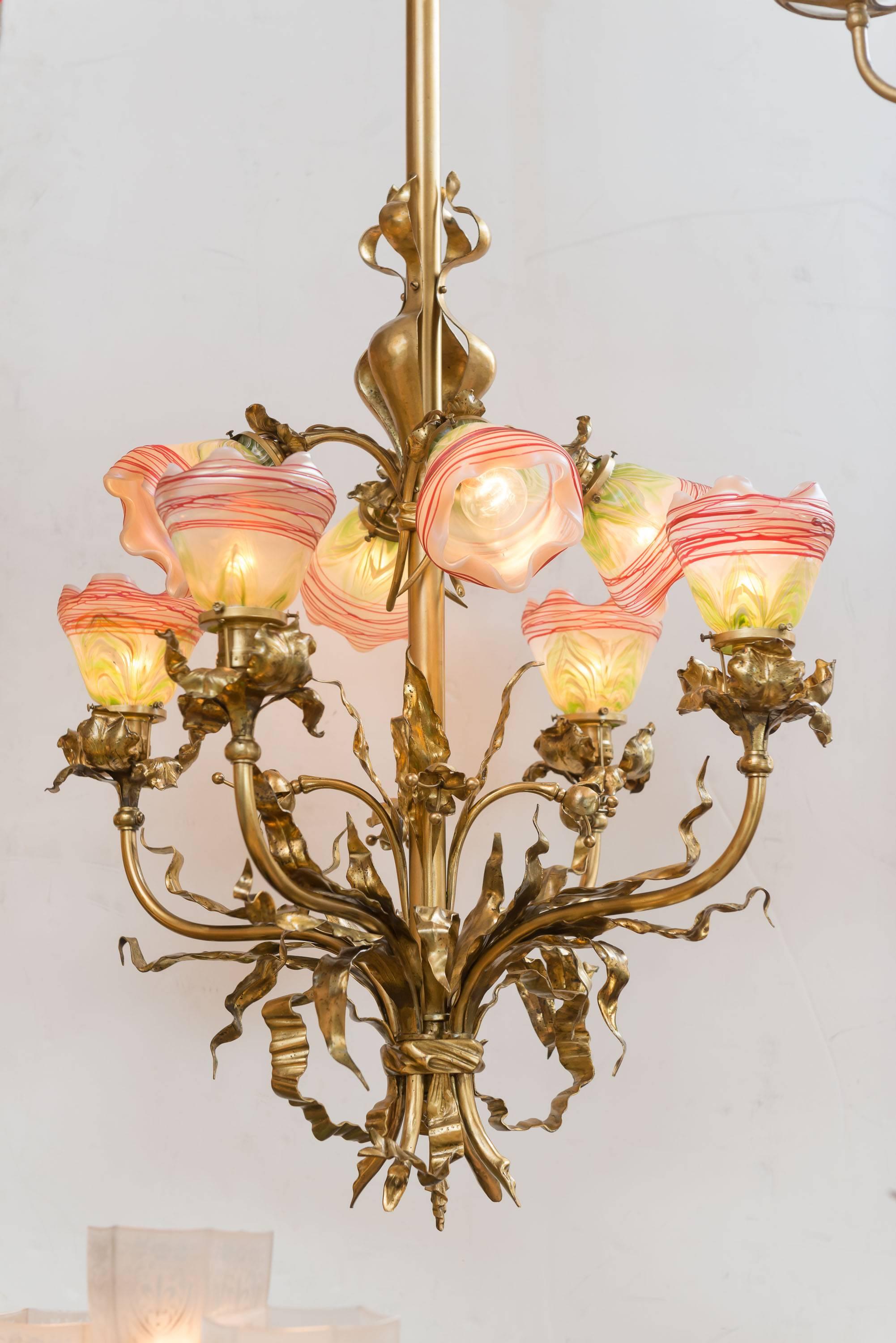 Eight-Arm Art Nouveau Chandelier with Handblown Period Art Glass Shades In Excellent Condition In Petaluma, CA