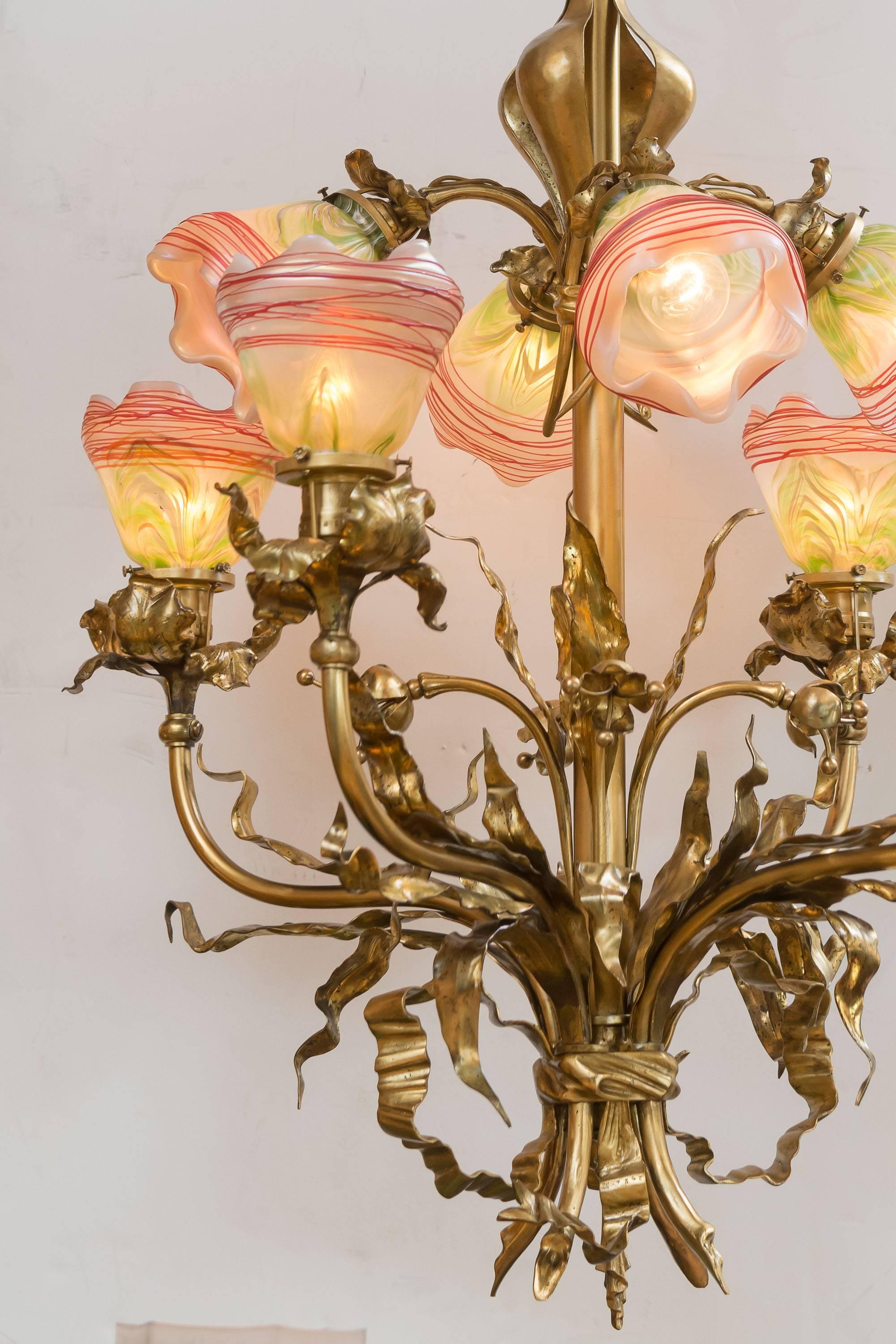 Gilt Eight-Arm Art Nouveau Chandelier with Handblown Period Art Glass Shades