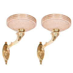 Art Deco Handblown Mottled Citrine Murano Glass Sconces and Brass Sconces