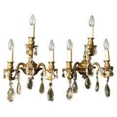 French 19th Century Pair of Gilded Triple Arm Antique Wall Lights