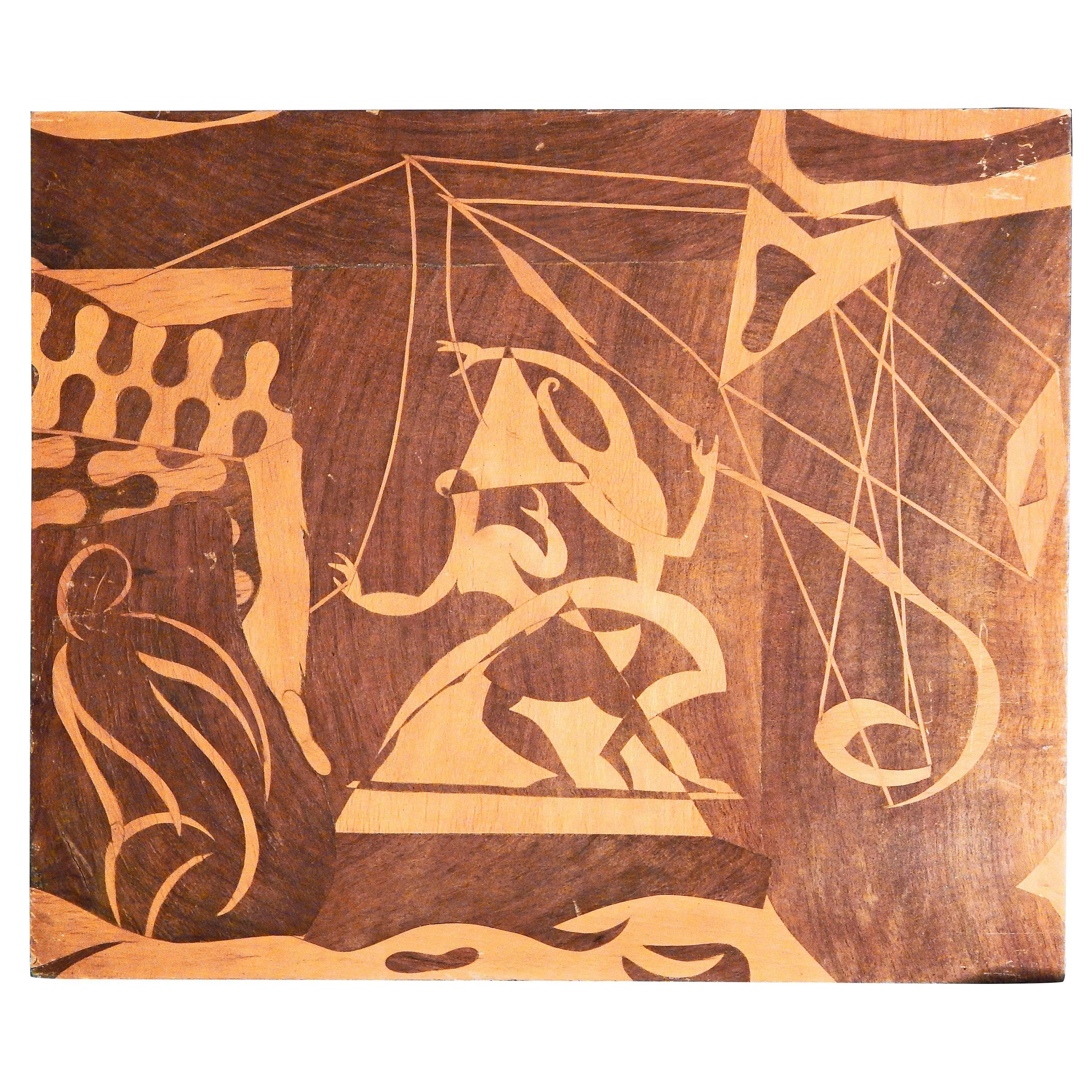 "Circus Performers, " Brilliant Example of Surrealist Folk Art in Inlaid Wood For Sale