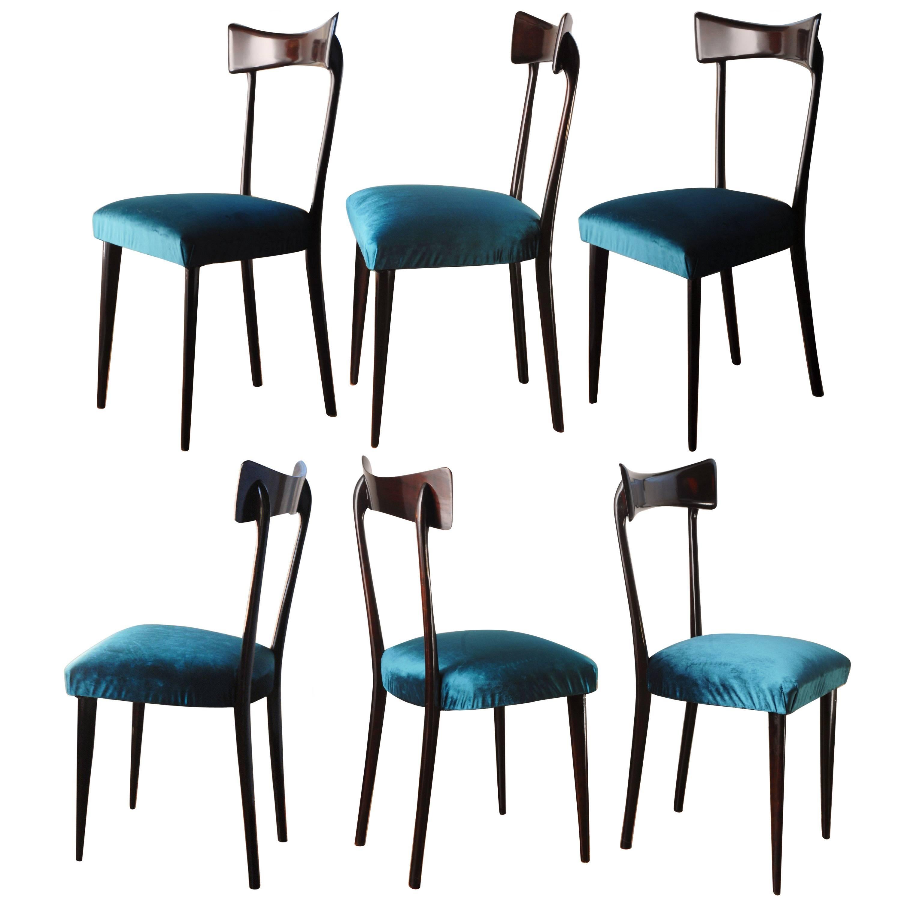 Ico Parisi Six Sculptural Dining Chairs, Fully Restored, Shiny Finish, Velvet